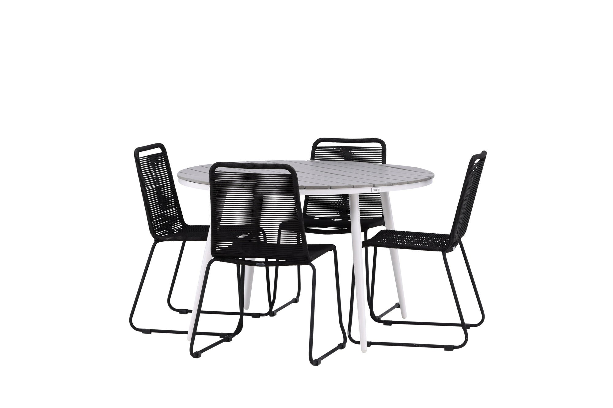 Venture Home Break - spisebord rund- White / Grey - Alu / Aintwood - 120ø _1+ Lindos Stacking stol - Black Alu / Black Rope _4