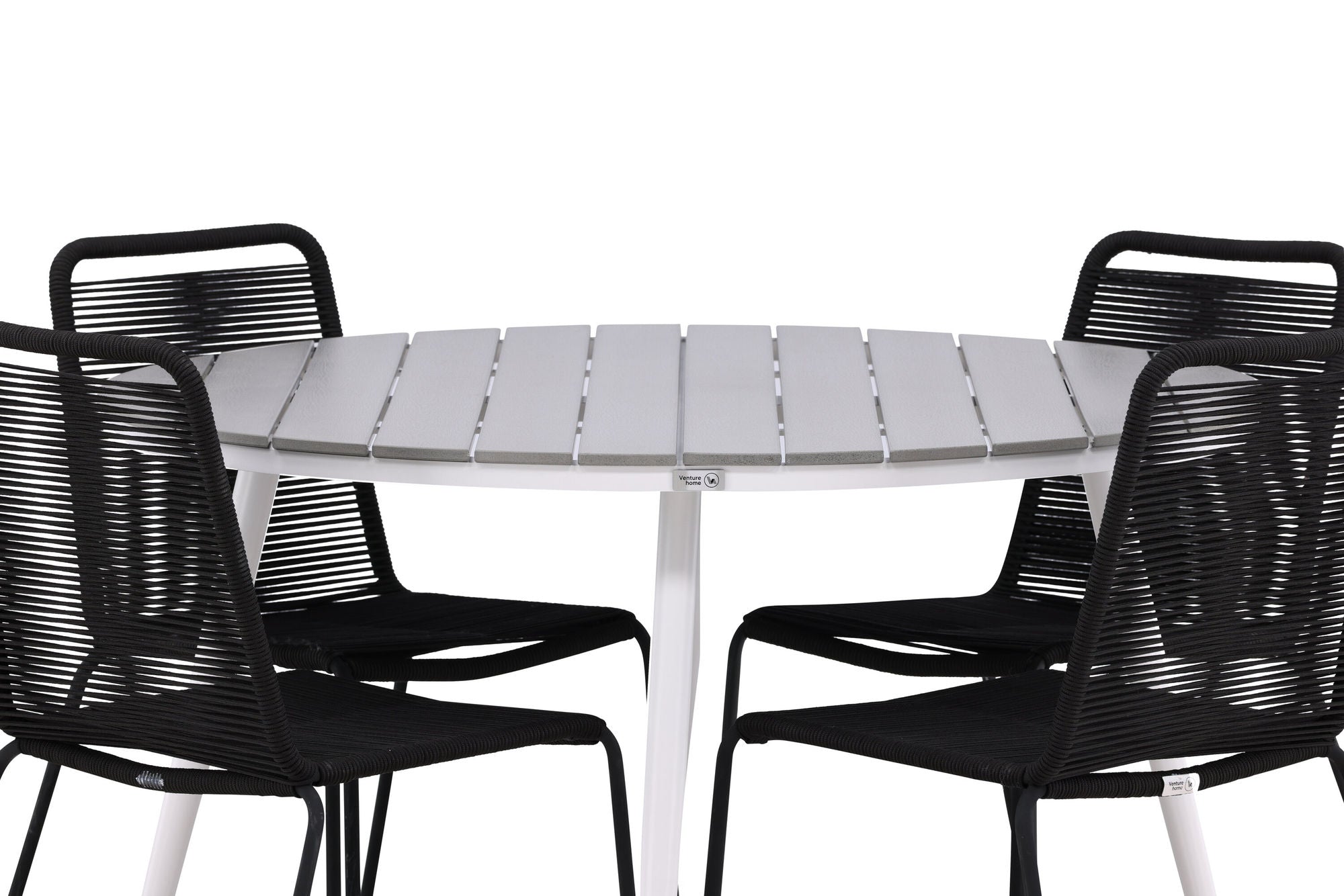 Venture Home Break - spisebord rund- White / Grey - Alu / Aintwood - 120ø _1+ Lindos Stacking stol - Black Alu / Black Rope _4
