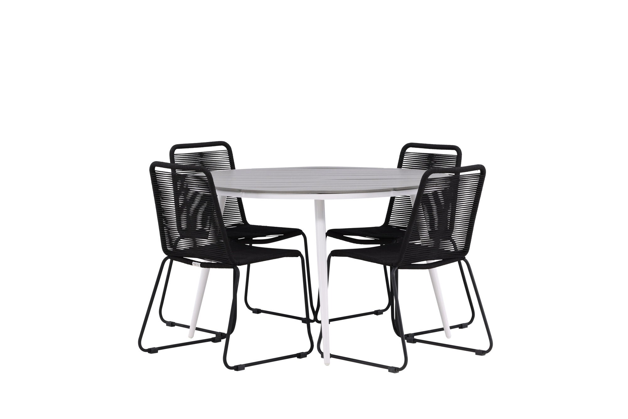 Venture Home Break - spisebord rund- White / Grey - Alu / Aintwood - 120ø _1+ Lindos Stacking stol - Black Alu / Black Rope _4
