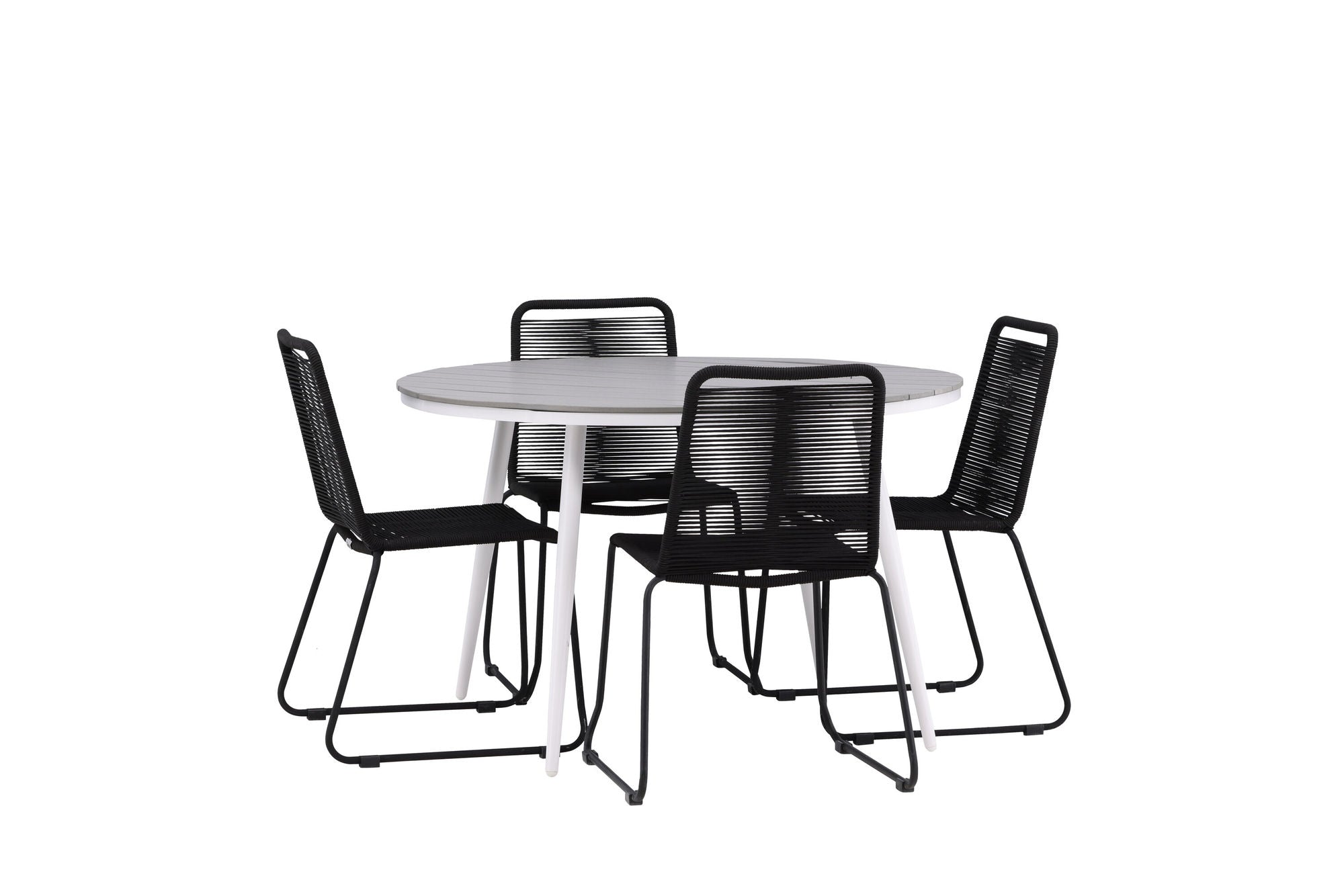Venture Home Break - spisebord rund- White / Grey - Alu / Aintwood - 120ø _1+ Lindos Stacking stol - Black Alu / Black Rope _4
