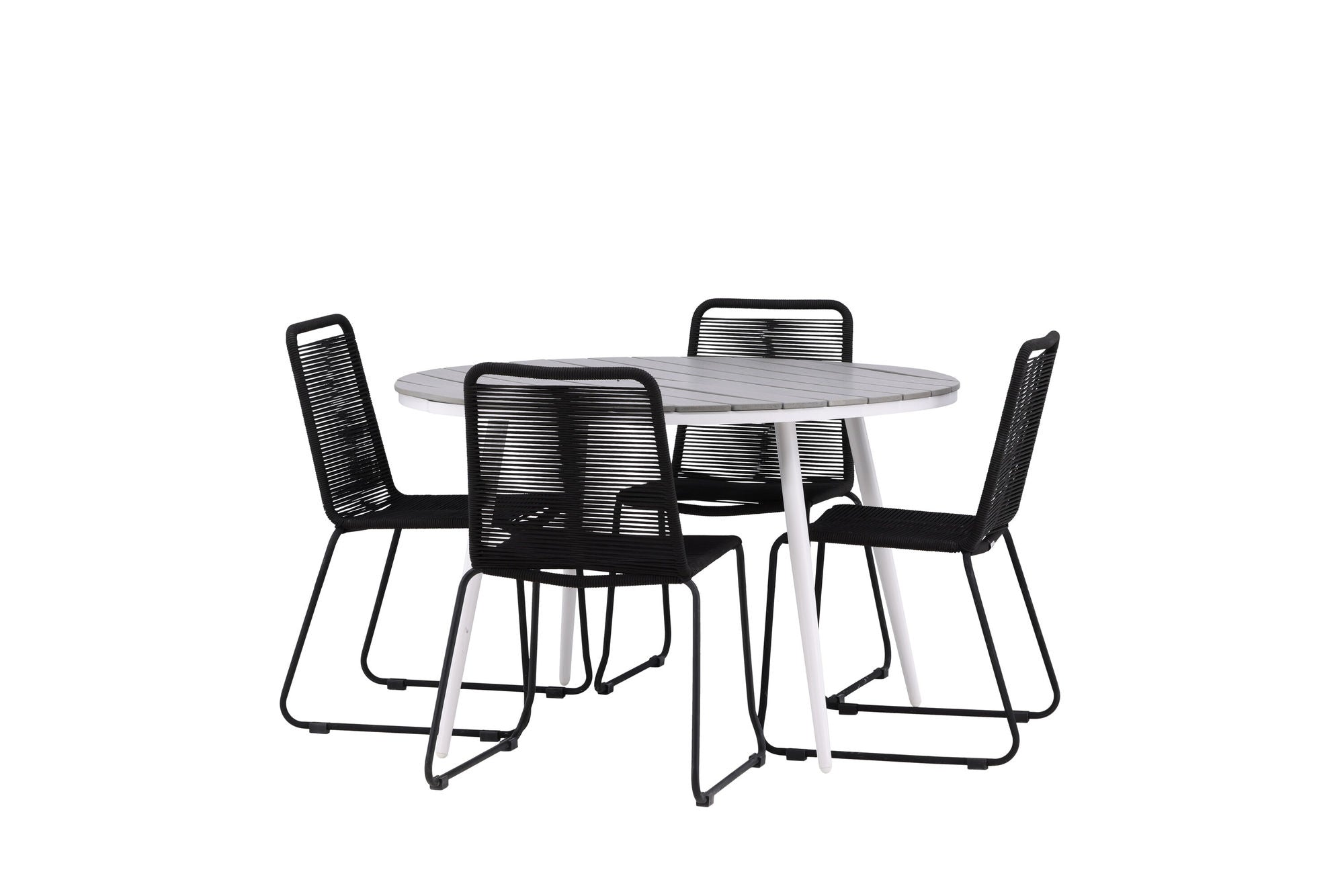 Venture Home Break - spisebord rund- White / Grey - Alu / Aintwood - 120ø _1+ Lindos Stacking stol - Black Alu / Black Rope _4