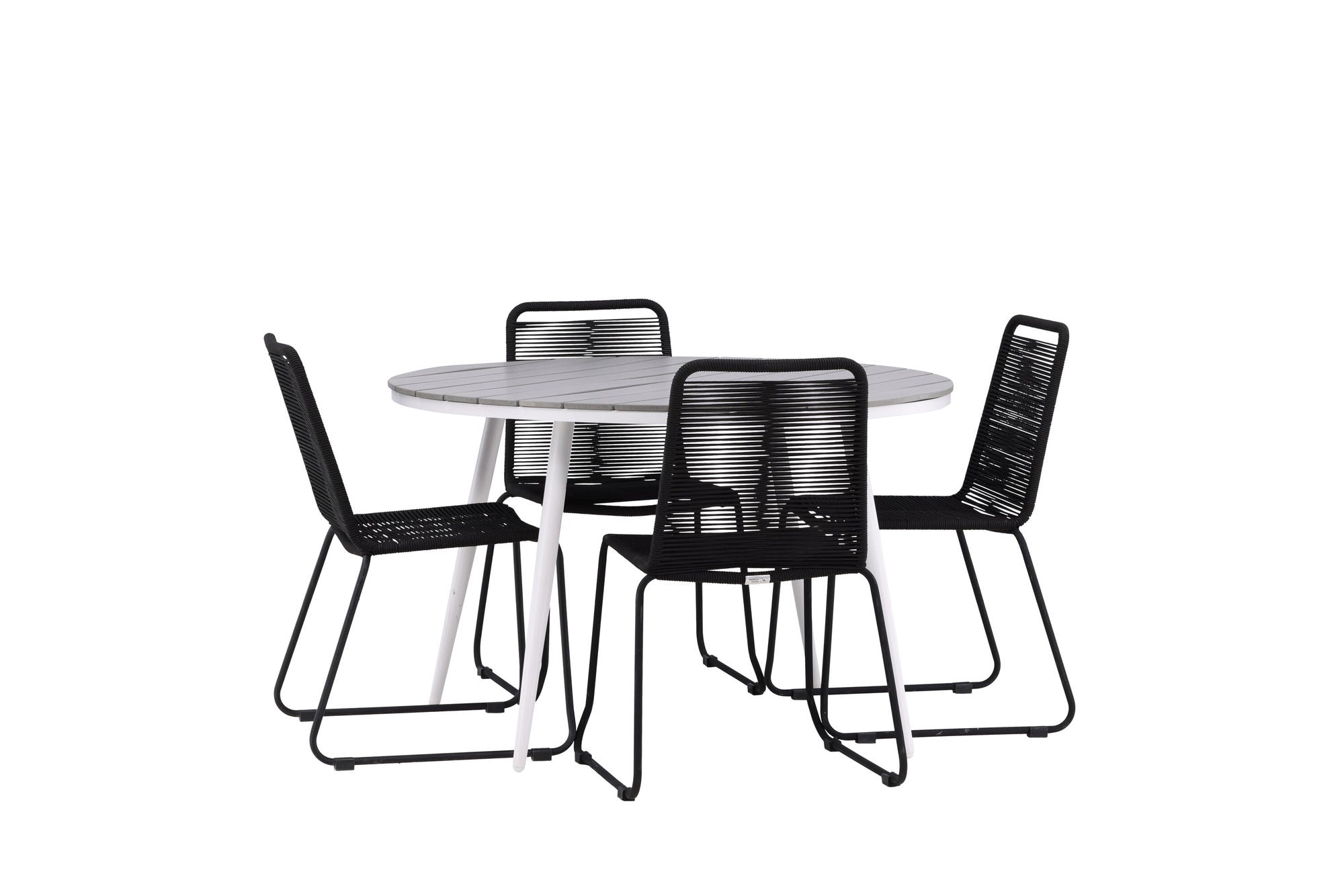 Venture Home Break - spisebord rund- White / Grey - Alu / Aintwood - 120ø _1+ Lindos Stacking stol - Black Alu / Black Rope _4