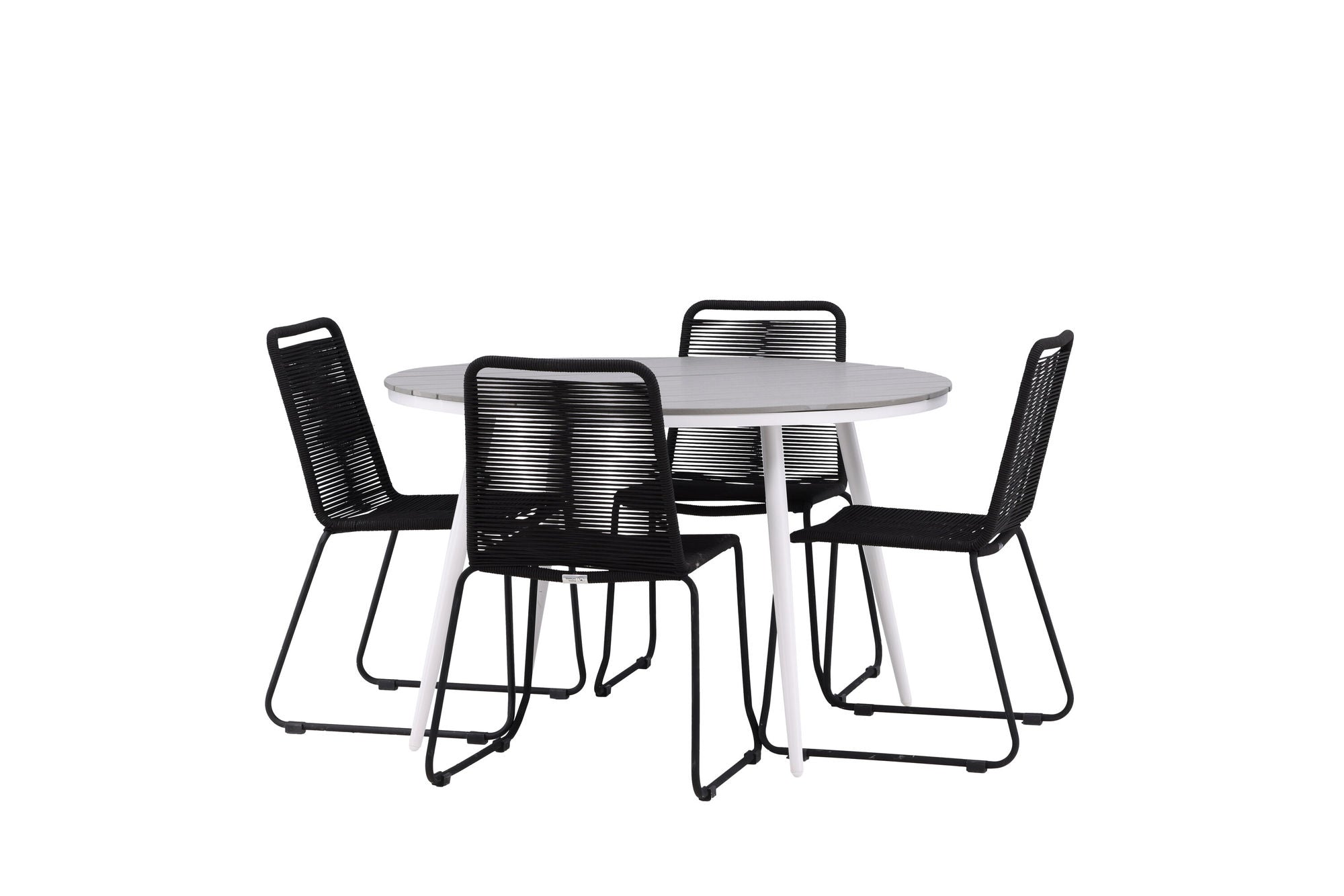 Venture Home Break - spisebord rund- White / Grey - Alu / Aintwood - 120ø _1+ Lindos Stacking stol - Black Alu / Black Rope _4