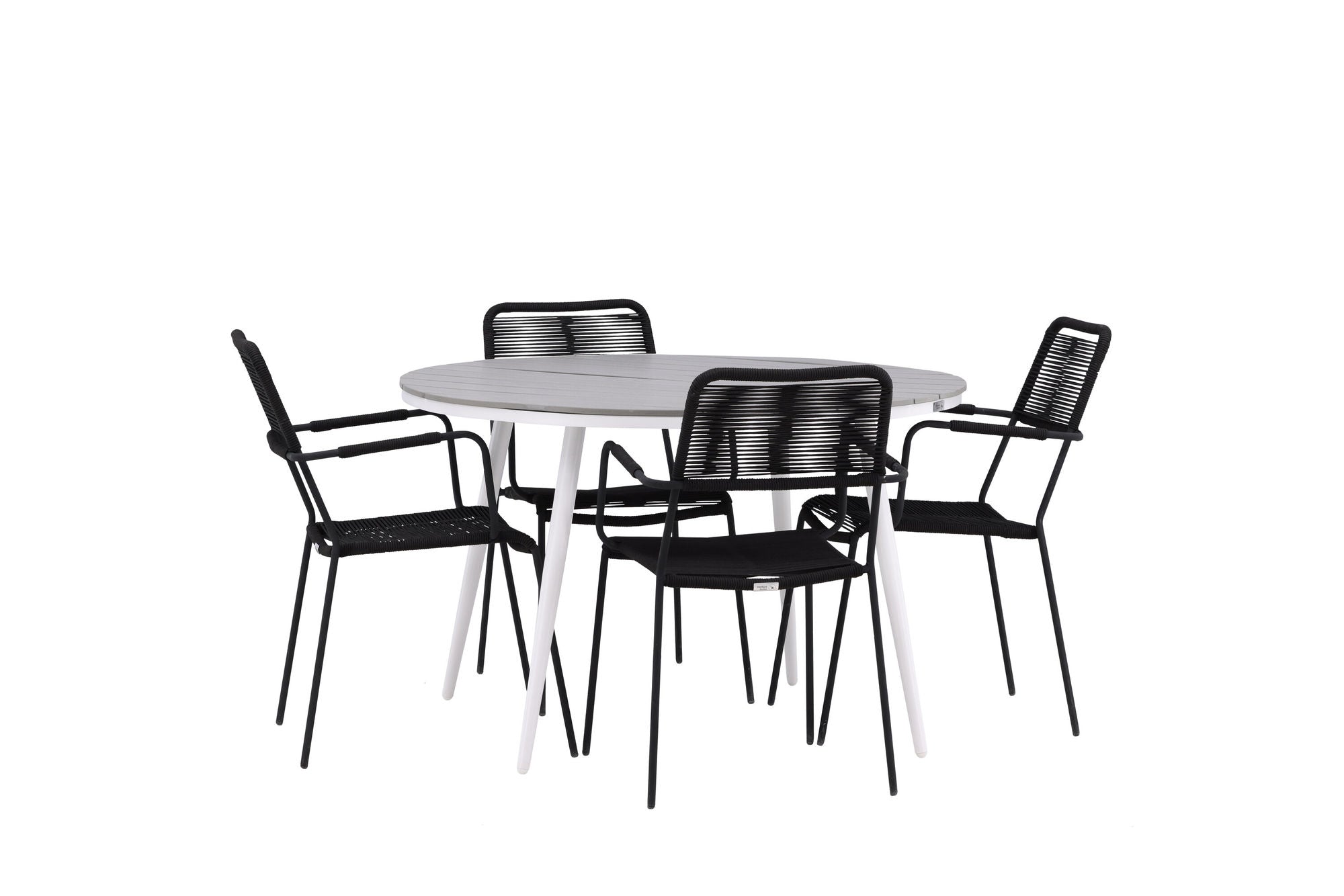 Venture Home Break - spisebord rund- White / Grey - Alu / Aintwood - 120ø _1+ Lindos Armchair - Black Alu / Black Rope _4
