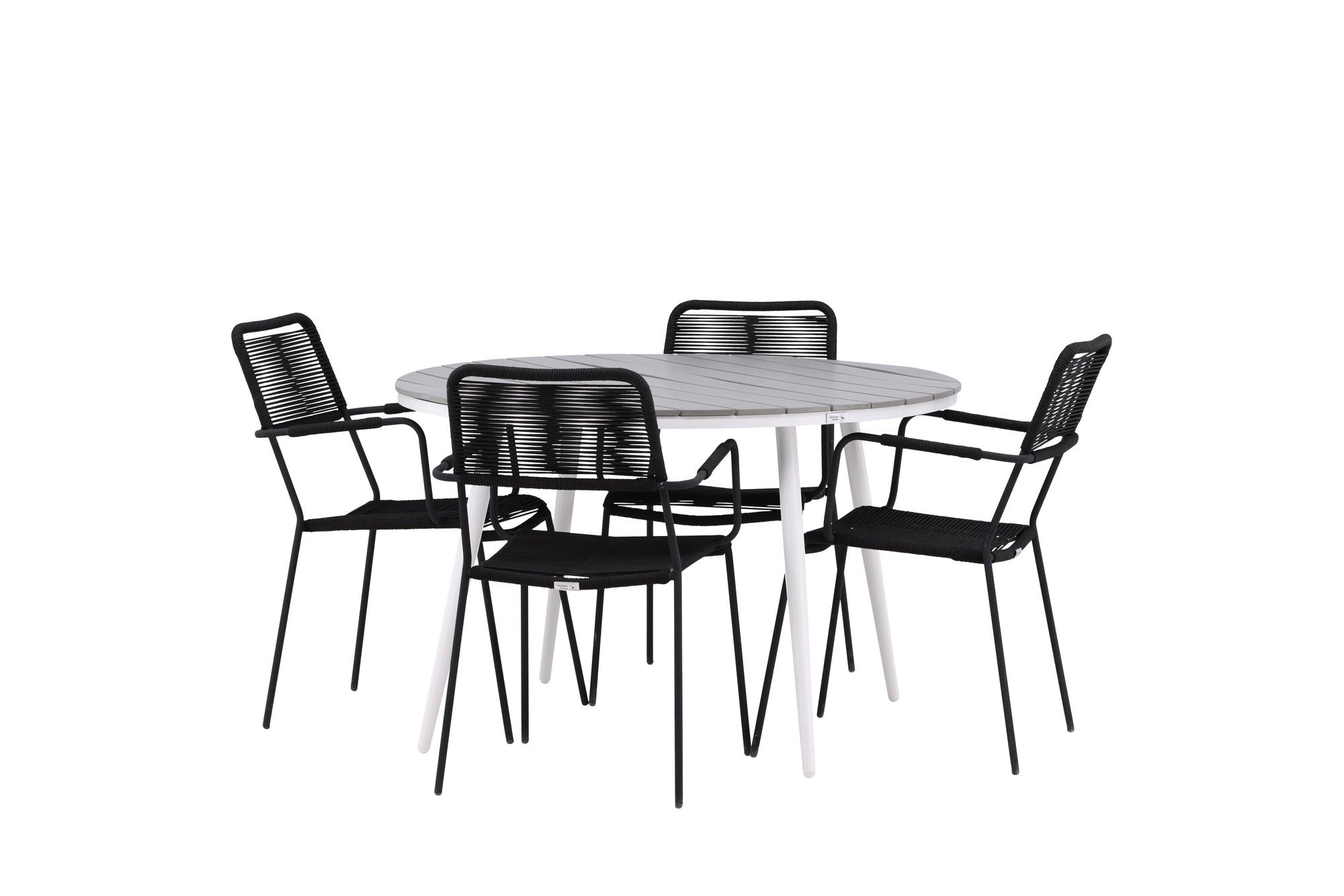 Venture Home Break - spisebord rund- White / Grey - Alu / Aintwood - 120ø _1+ Lindos Armchair - Black Alu / Black Rope _4