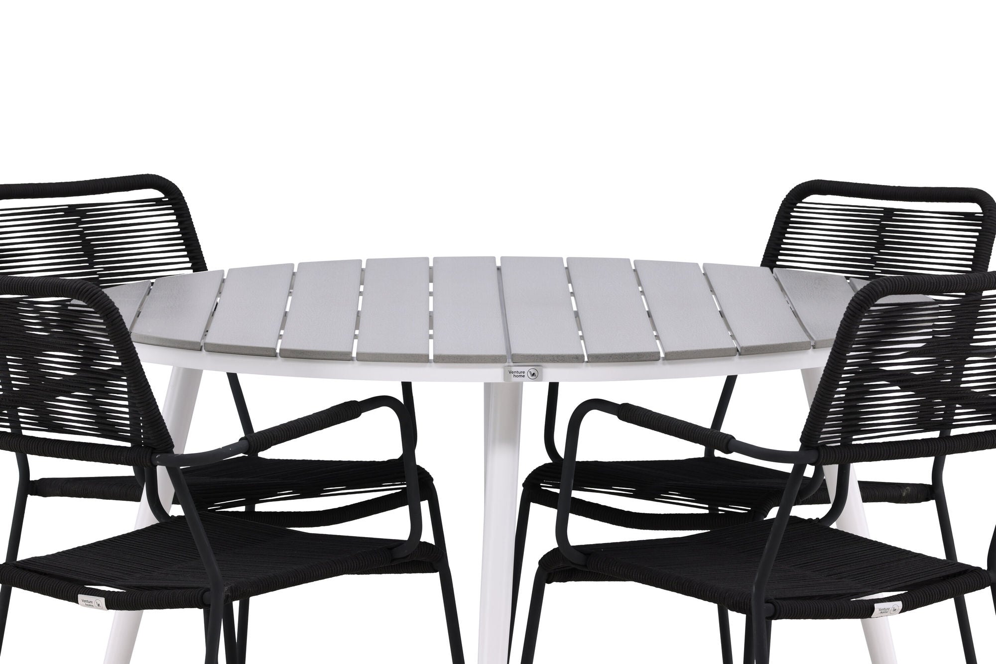 Venture Home Break - spisebord rund- White / Grey - Alu / Aintwood - 120ø _1+ Lindos Armchair - Black Alu / Black Rope _4