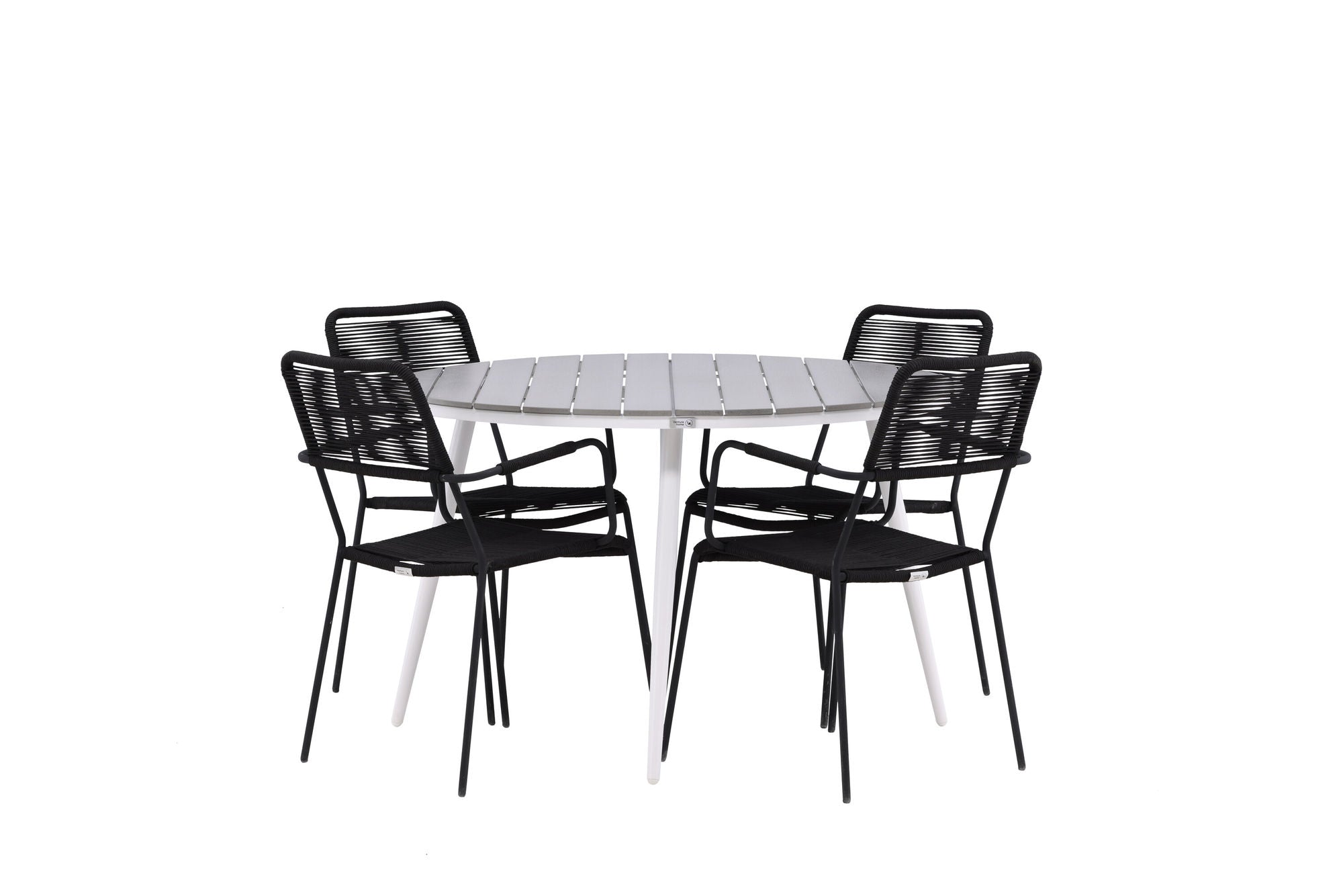 Venture Home Break - spisebord rund- White / Grey - Alu / Aintwood - 120ø _1+ Lindos Armchair - Black Alu / Black Rope _4