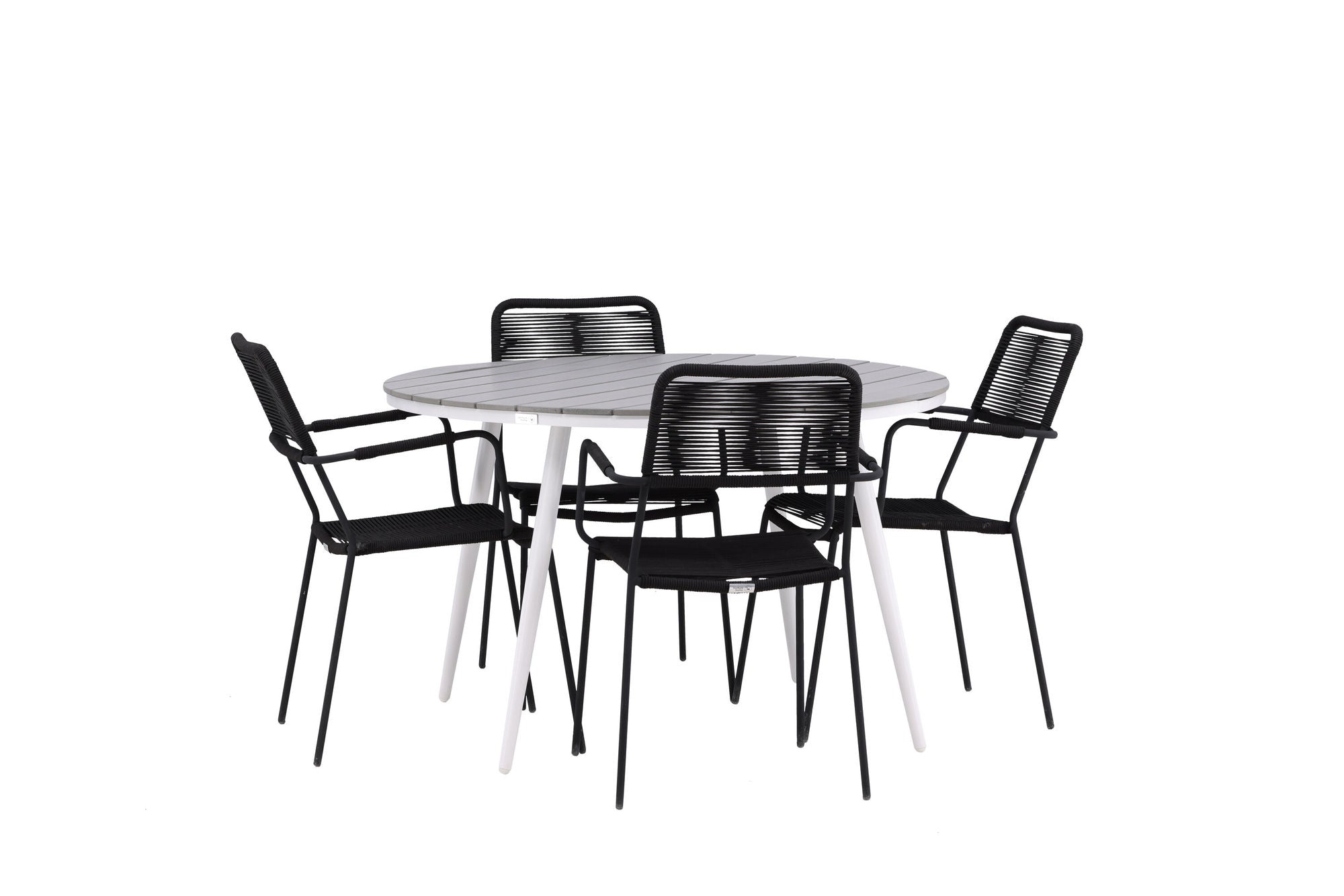Venture Home Break - spisebord rund- White / Grey - Alu / Aintwood - 120ø _1+ Lindos Armchair - Black Alu / Black Rope _4