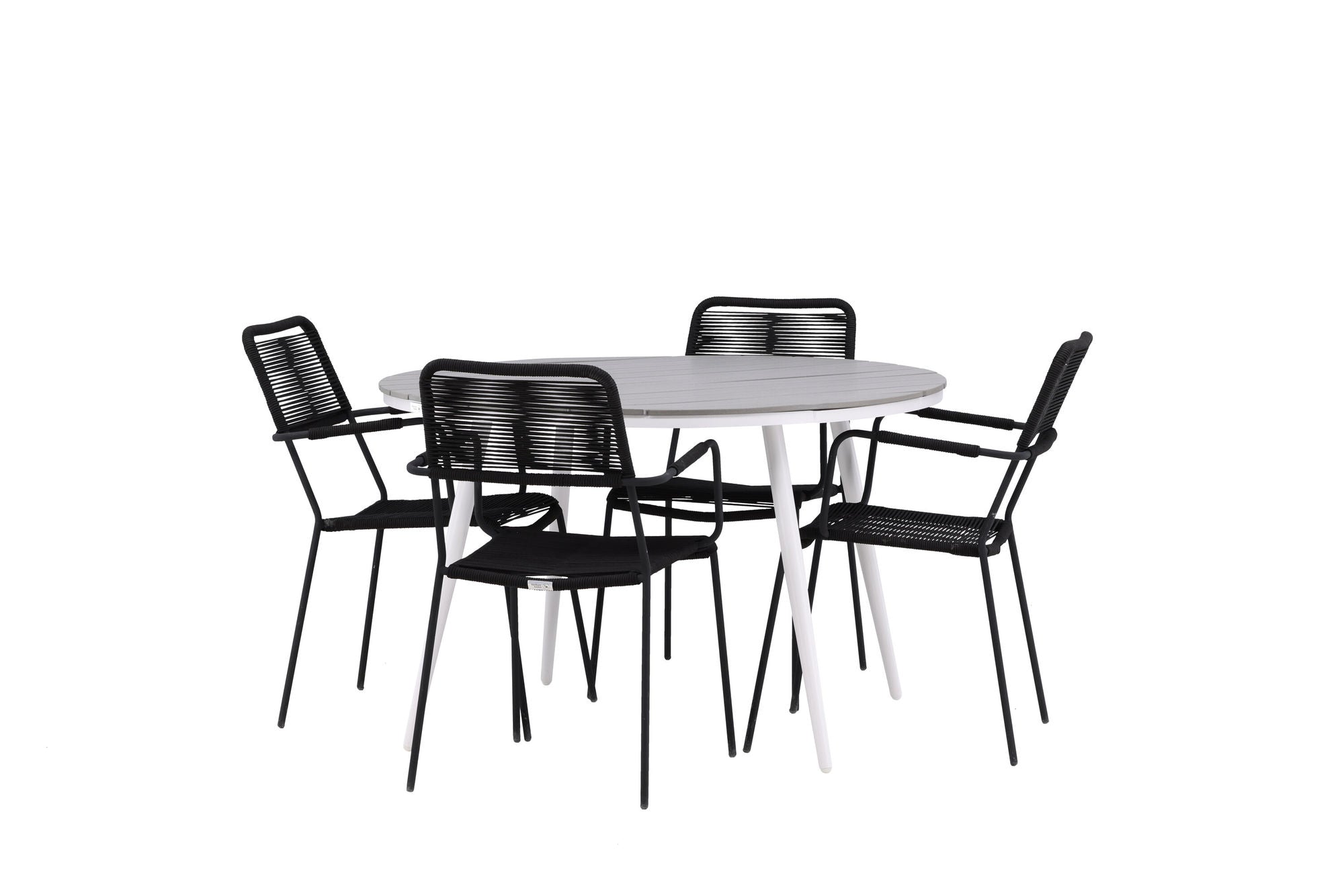 Venture Home Break - spisebord rund- White / Grey - Alu / Aintwood - 120ø _1+ Lindos Armchair - Black Alu / Black Rope _4