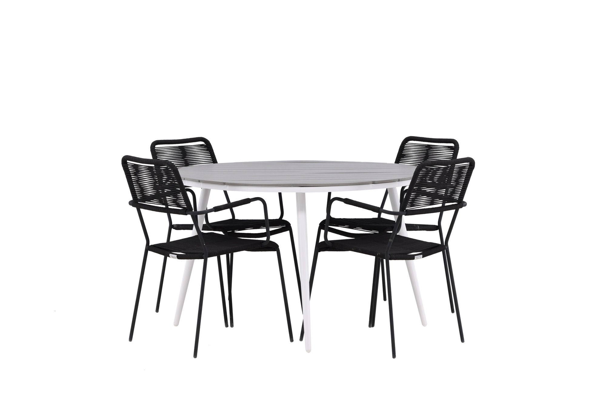 Venture Home Break - spisebord rund- White / Grey - Alu / Aintwood - 120ø _1+ Lindos Armchair - Black Alu / Black Rope _4