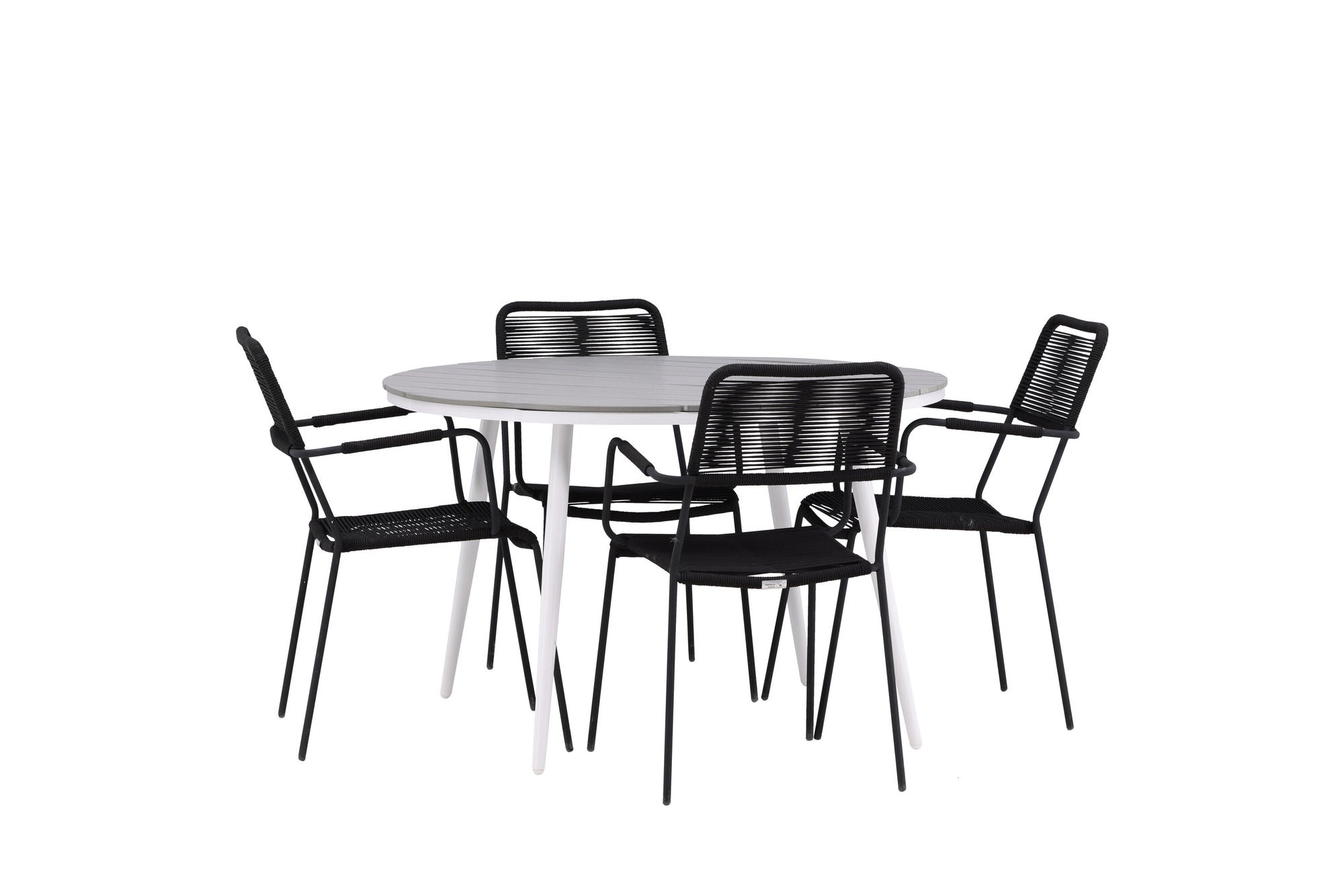 Venture Home Break - spisebord rund- White / Grey - Alu / Aintwood - 120ø _1+ Lindos Armchair - Black Alu / Black Rope _4