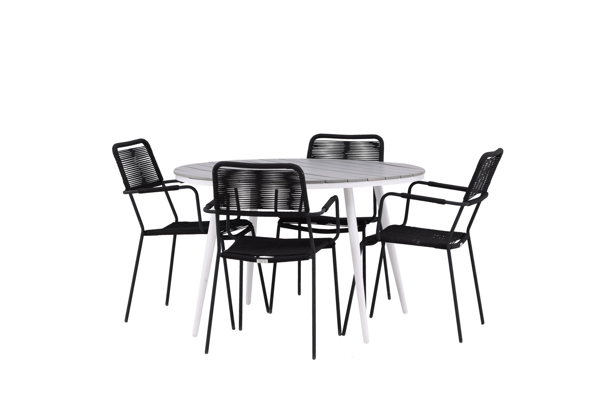 Venture Home Break - spisebord rund- White / Grey - Alu / Aintwood - 120ø _1+ Lindos Armchair - Black Alu / Black Rope _4