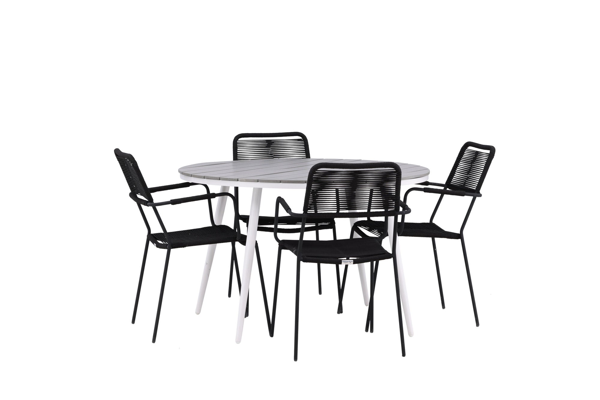 Venture Home Break - spisebord rund- White / Grey - Alu / Aintwood - 120ø _1+ Lindos Armchair - Black Alu / Black Rope _4