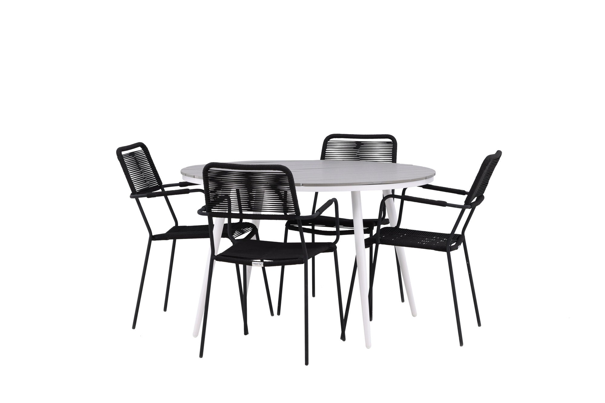 Venture Home Break - spisebord rund- White / Grey - Alu / Aintwood - 120ø _1+ Lindos Armchair - Black Alu / Black Rope _4