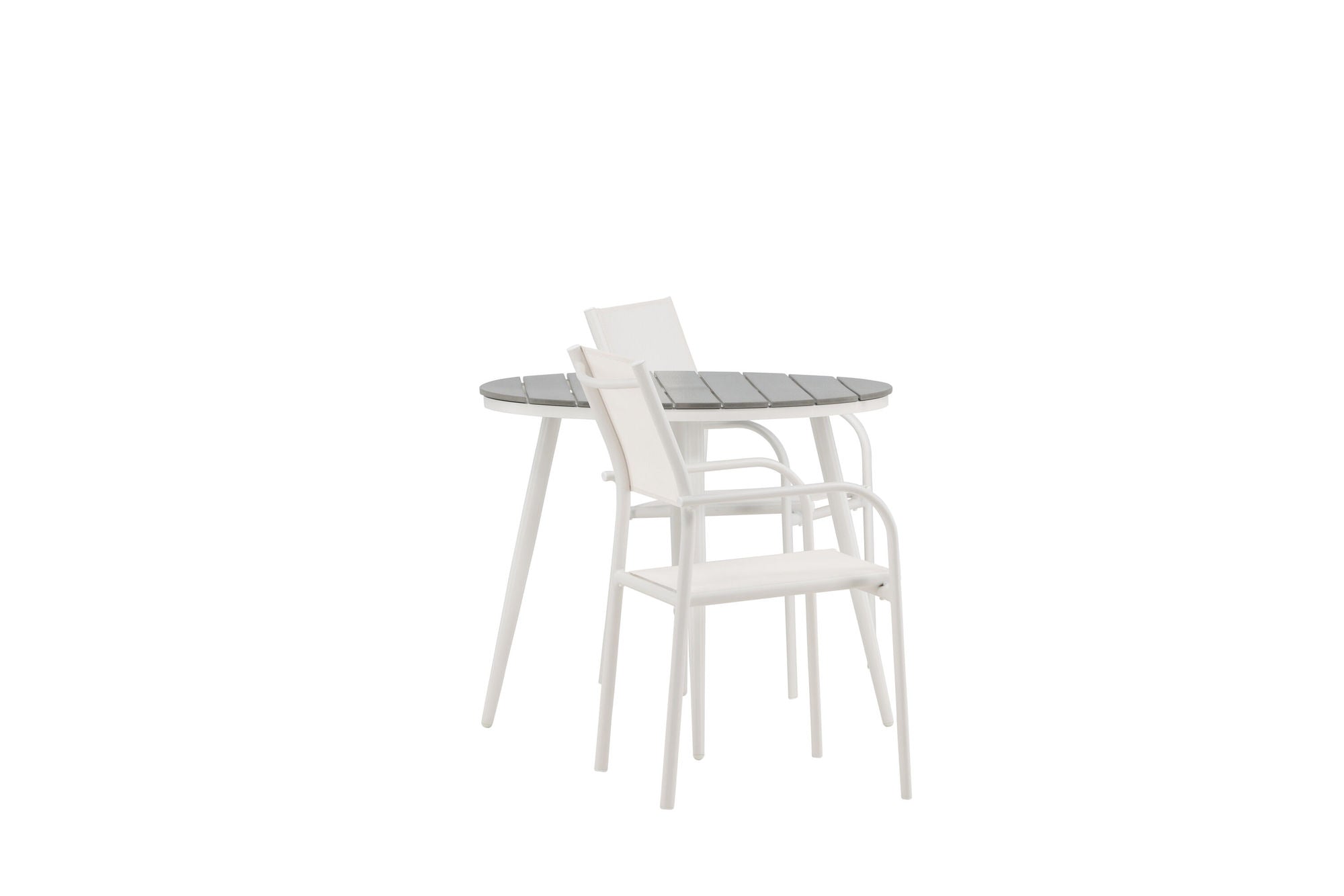 Venture Home Break - spisebord rund- White / Grey - Alu / Aintwood - 90ø _1+ Santorini Arm stol (Stackable) - White Alu / White Textilene _2