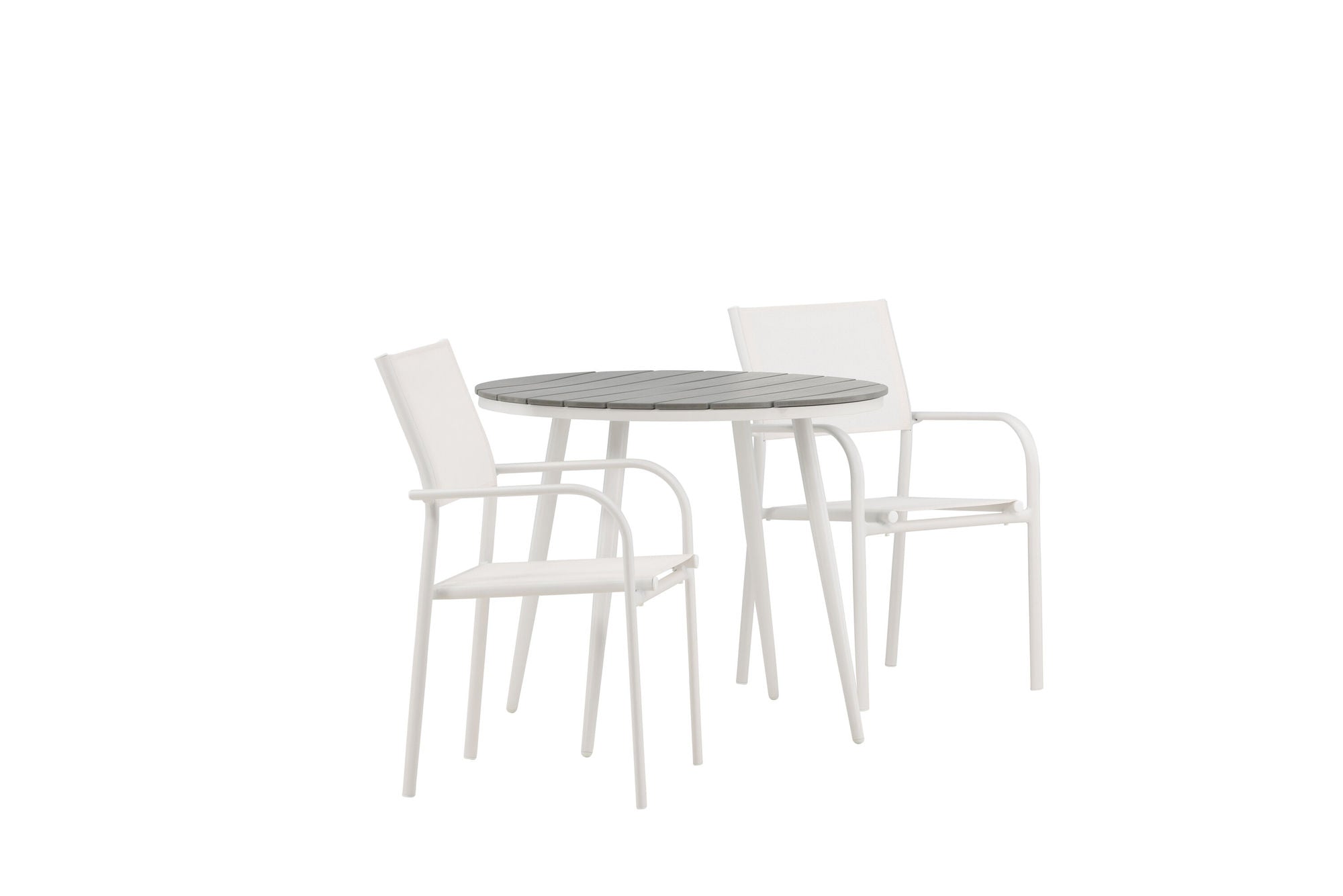 Venture Home Break - spisebord rund- White / Grey - Alu / Aintwood - 90ø _1+ Santorini Arm stol (Stackable) - White Alu / White Textilene _2