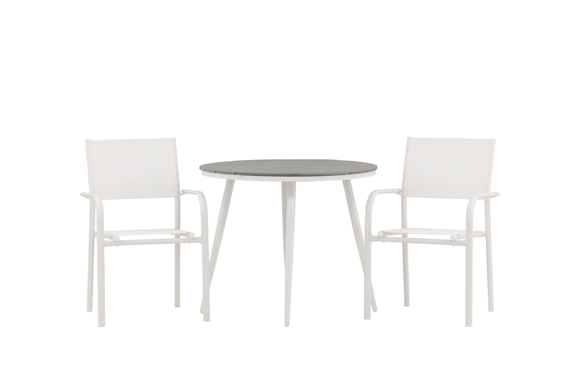 Venture Home Break - spisebord rund- White / Grey - Alu / Aintwood - 90ø _1+ Santorini Arm stol (Stackable) - White Alu / White Textilene _2