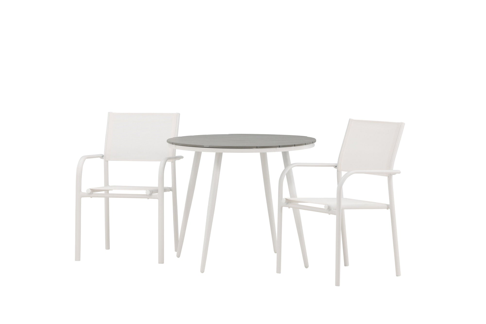 Venture Home Break - spisebord rund- White / Grey - Alu / Aintwood - 90ø _1+ Santorini Arm stol (Stackable) - White Alu / White Textilene _2