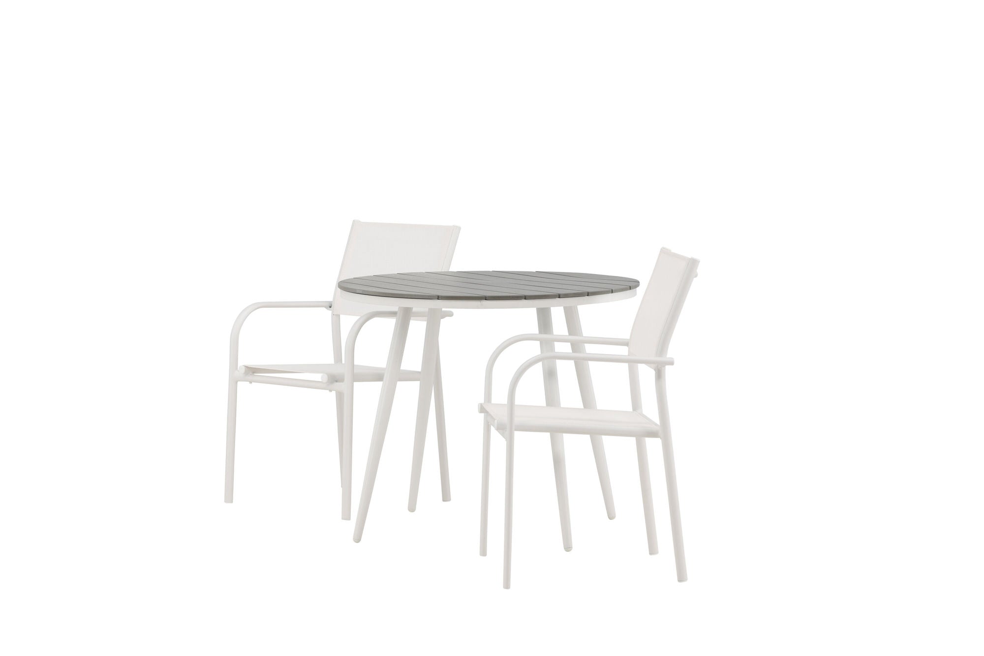 Venture Home Break - spisebord rund- White / Grey - Alu / Aintwood - 90ø _1+ Santorini Arm stol (Stackable) - White Alu / White Textilene _2