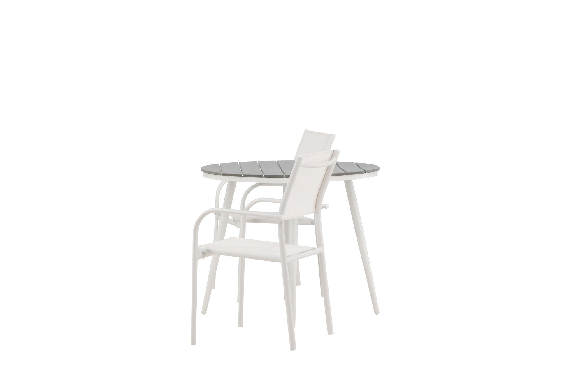 Venture Home Break - spisebord rund- White / Grey - Alu / Aintwood - 90ø _1+ Santorini Arm stol (Stackable) - White Alu / White Textilene _2