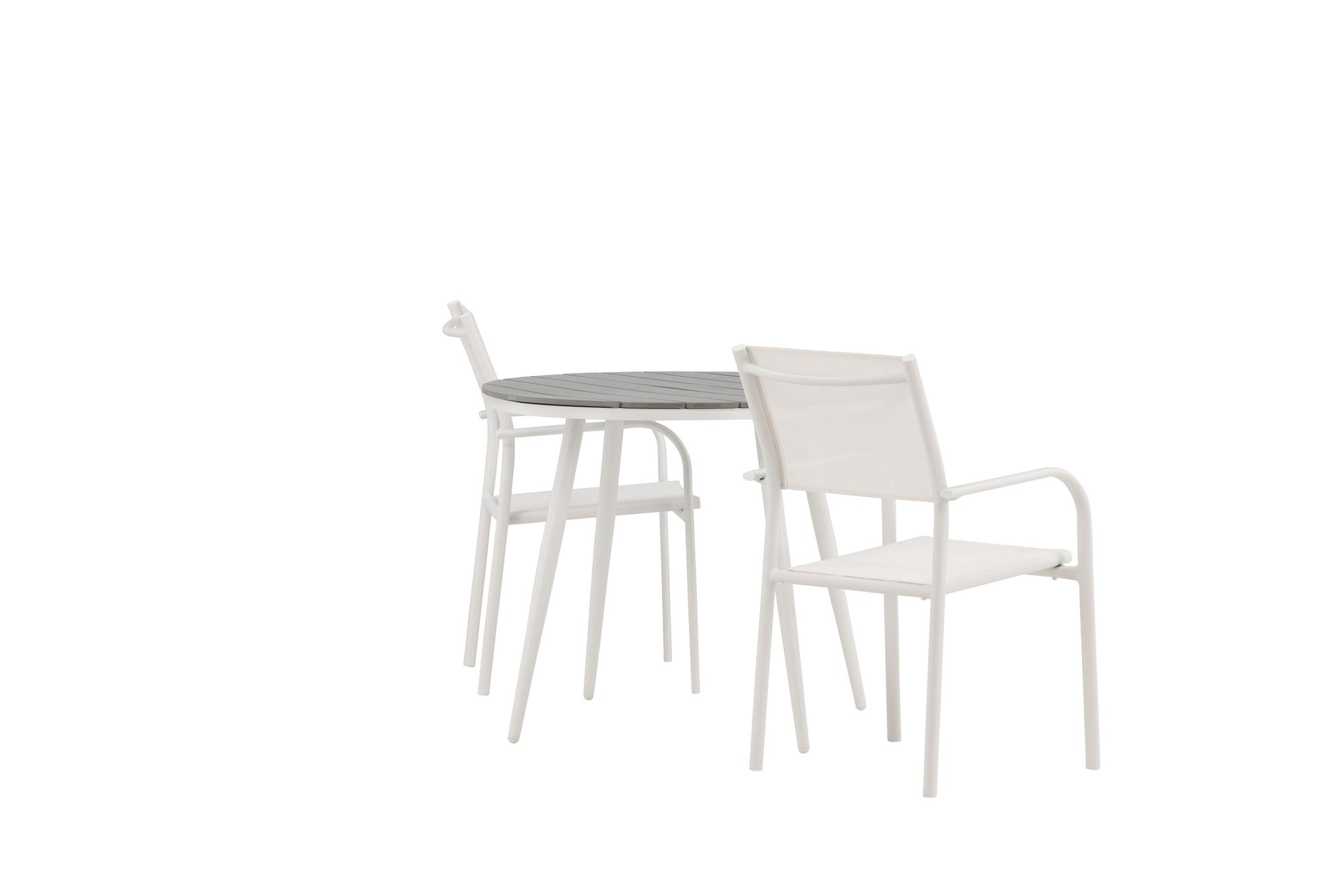 Venture Home Break - spisebord rund- White / Grey - Alu / Aintwood - 90ø _1+ Santorini Arm stol (Stackable) - White Alu / White Textilene _2