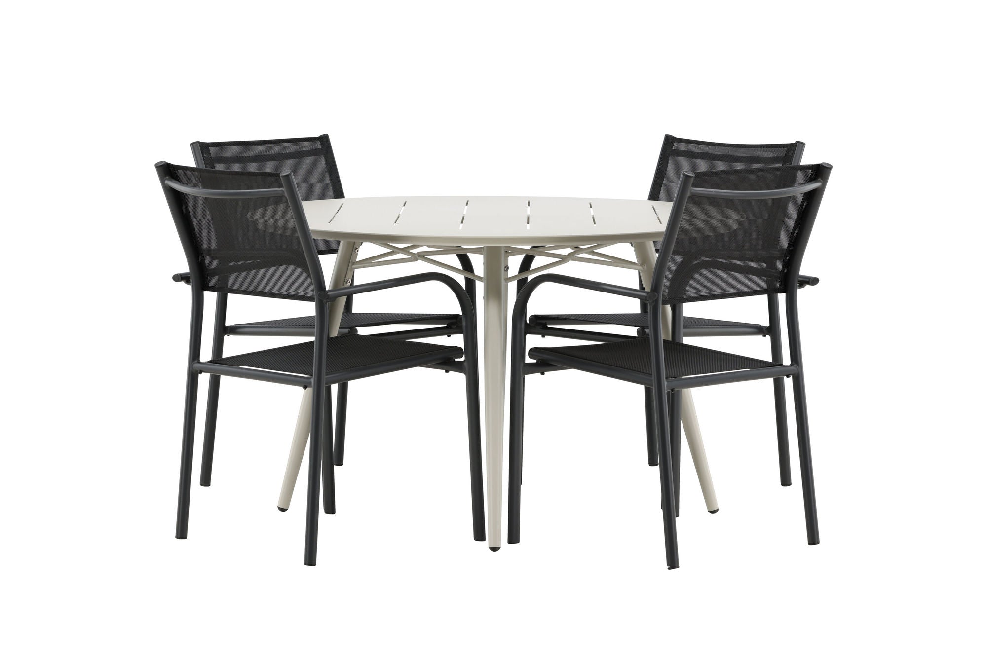 Venture Home Lina spisebord - Beige - rund 120 cm _1+ Santorini Arm stol (Stackable) - Black alu / Black Textilene _4