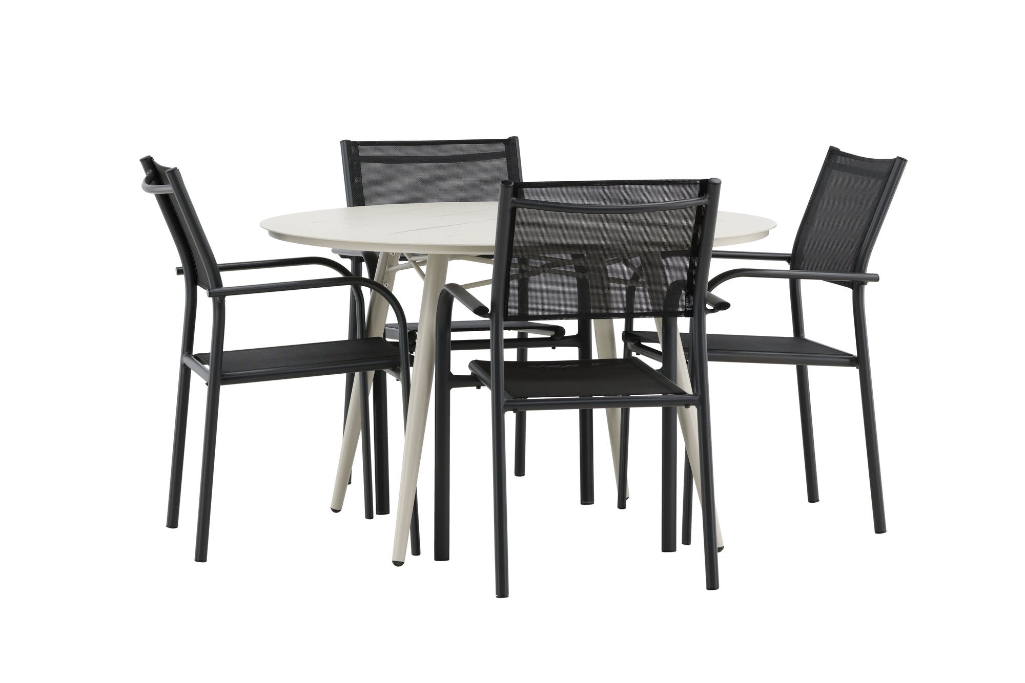 Venture Home Lina spisebord - Beige - rund 120 cm _1+ Santorini Arm stol (Stackable) - Black alu / Black Textilene _4
