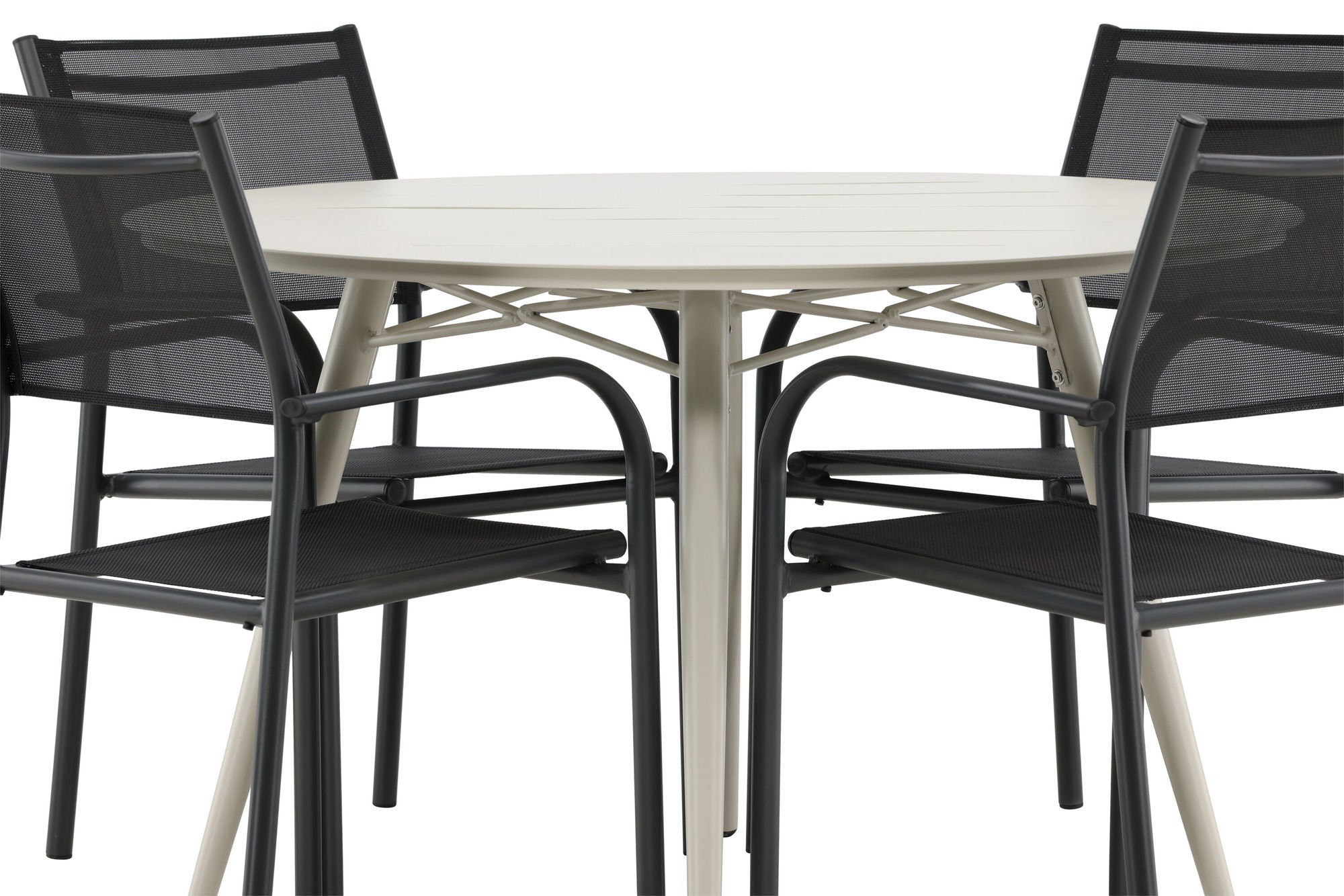 Venture Home Lina spisebord - Beige - rund 120 cm _1+ Santorini Arm stol (Stackable) - Black alu / Black Textilene _4
