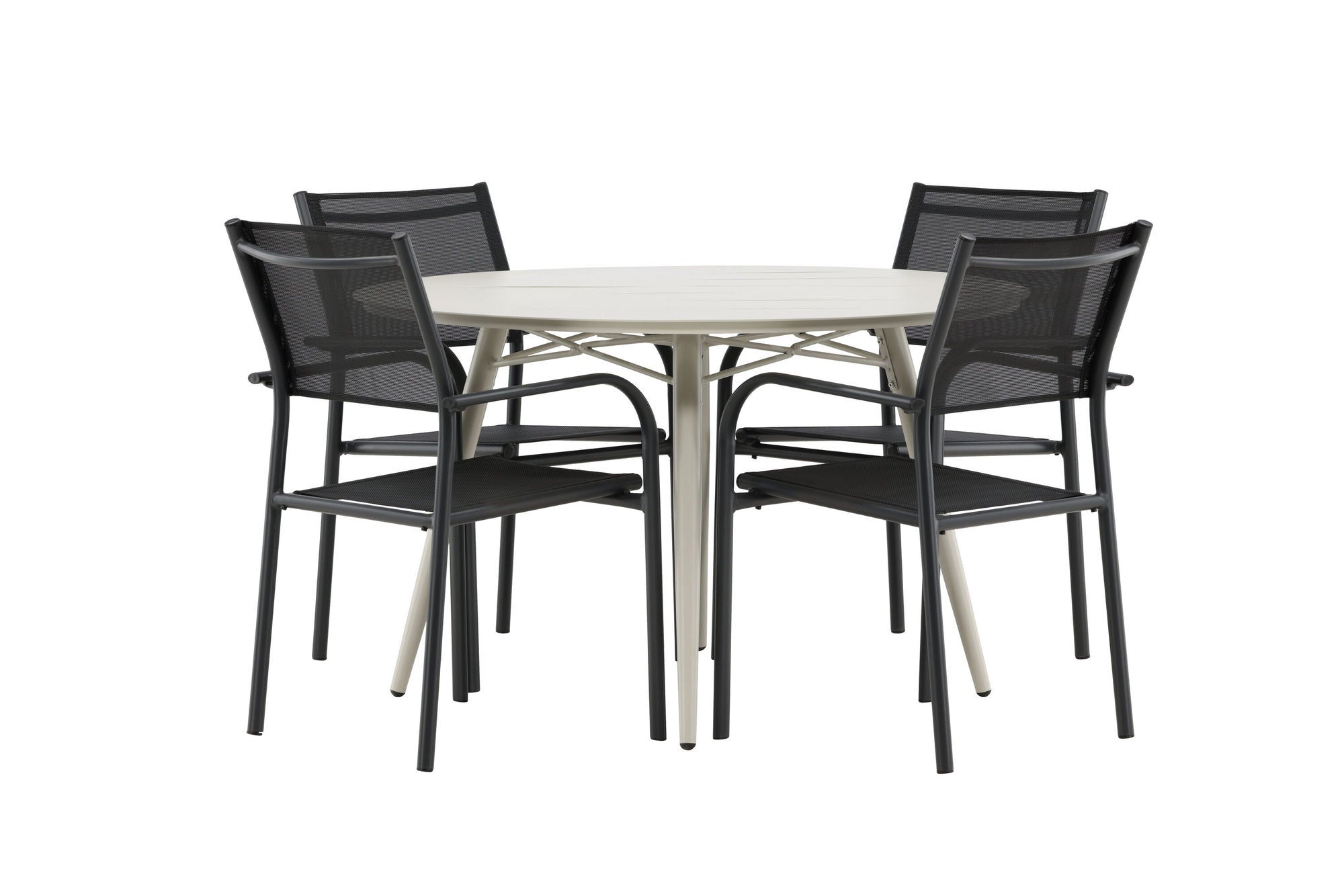 Venture Home Lina spisebord - Beige - rund 120 cm _1+ Santorini Arm stol (Stackable) - Black alu / Black Textilene _4