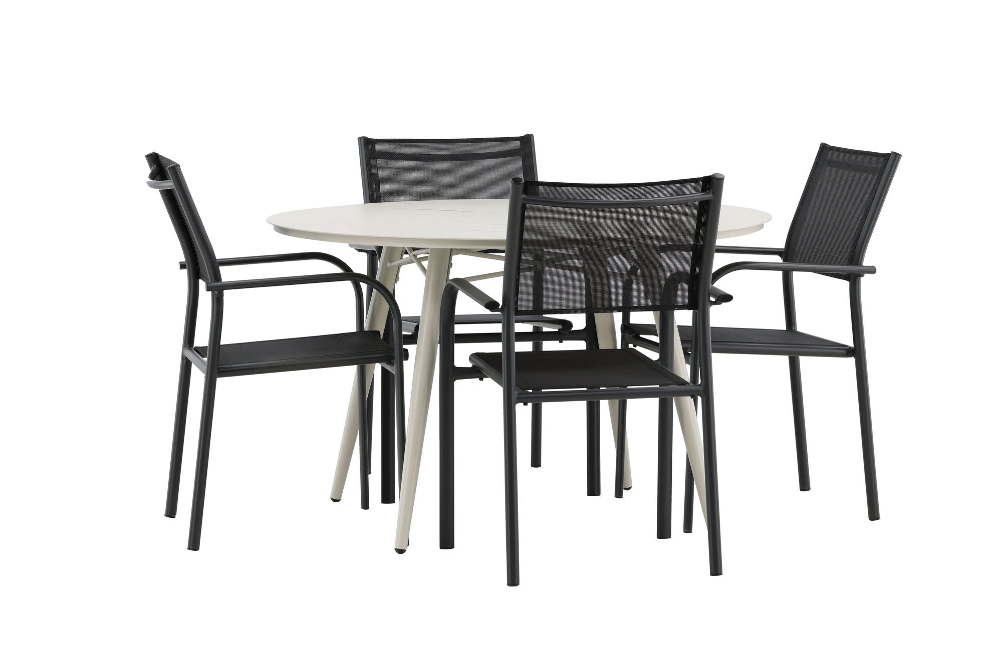 Venture Home Lina spisebord - Beige - rund 120 cm _1+ Santorini Arm stol (Stackable) - Black alu / Black Textilene _4
