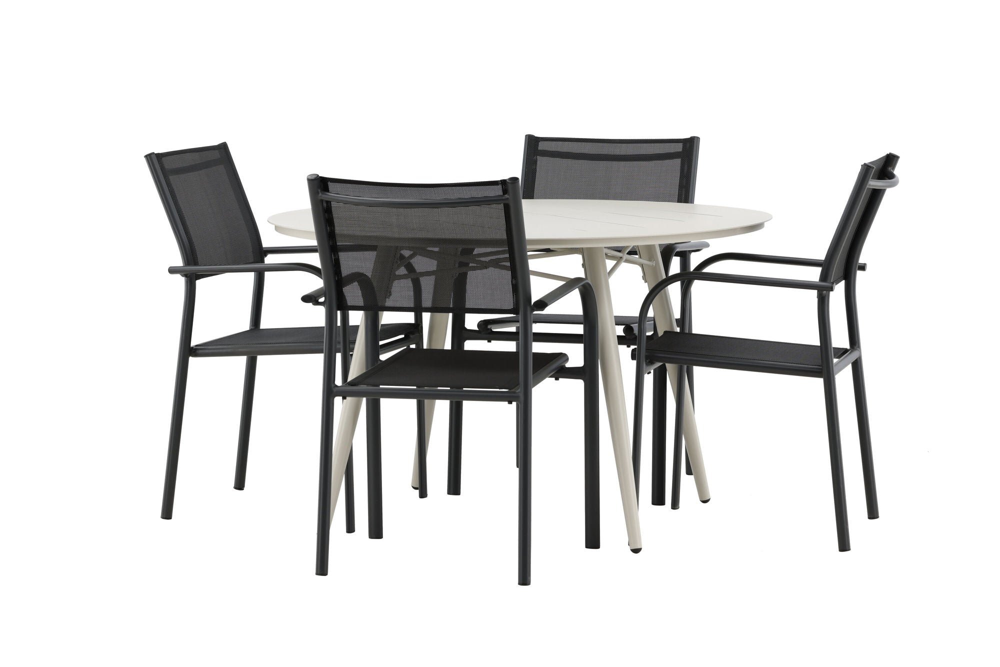 Venture Home Lina spisebord - Beige - rund 120 cm _1+ Santorini Arm stol (Stackable) - Black alu / Black Textilene _4