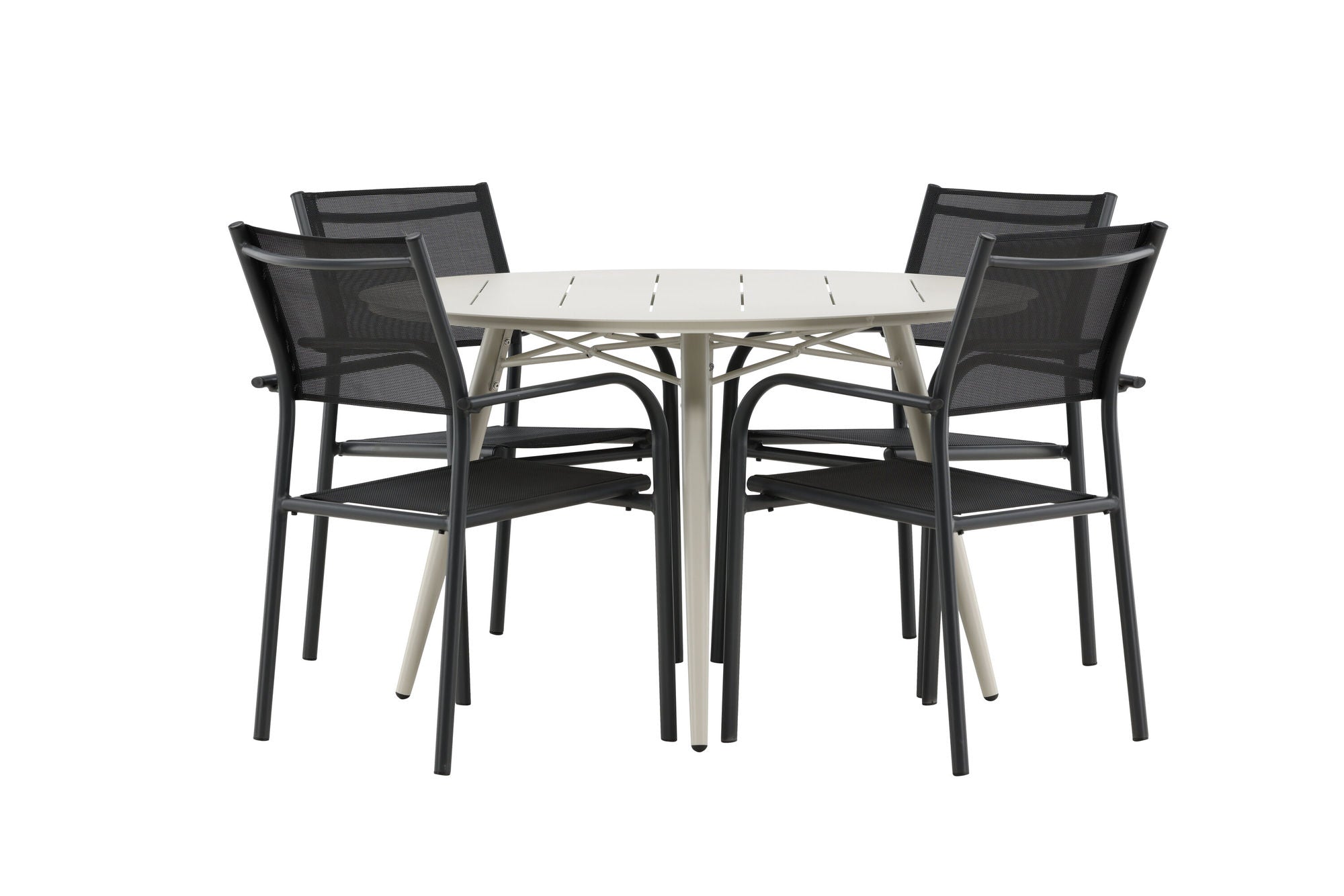 Venture Home Lina spisebord - Beige - rund 120 cm _1+ Santorini Arm stol (Stackable) - Black alu / Black Textilene _4