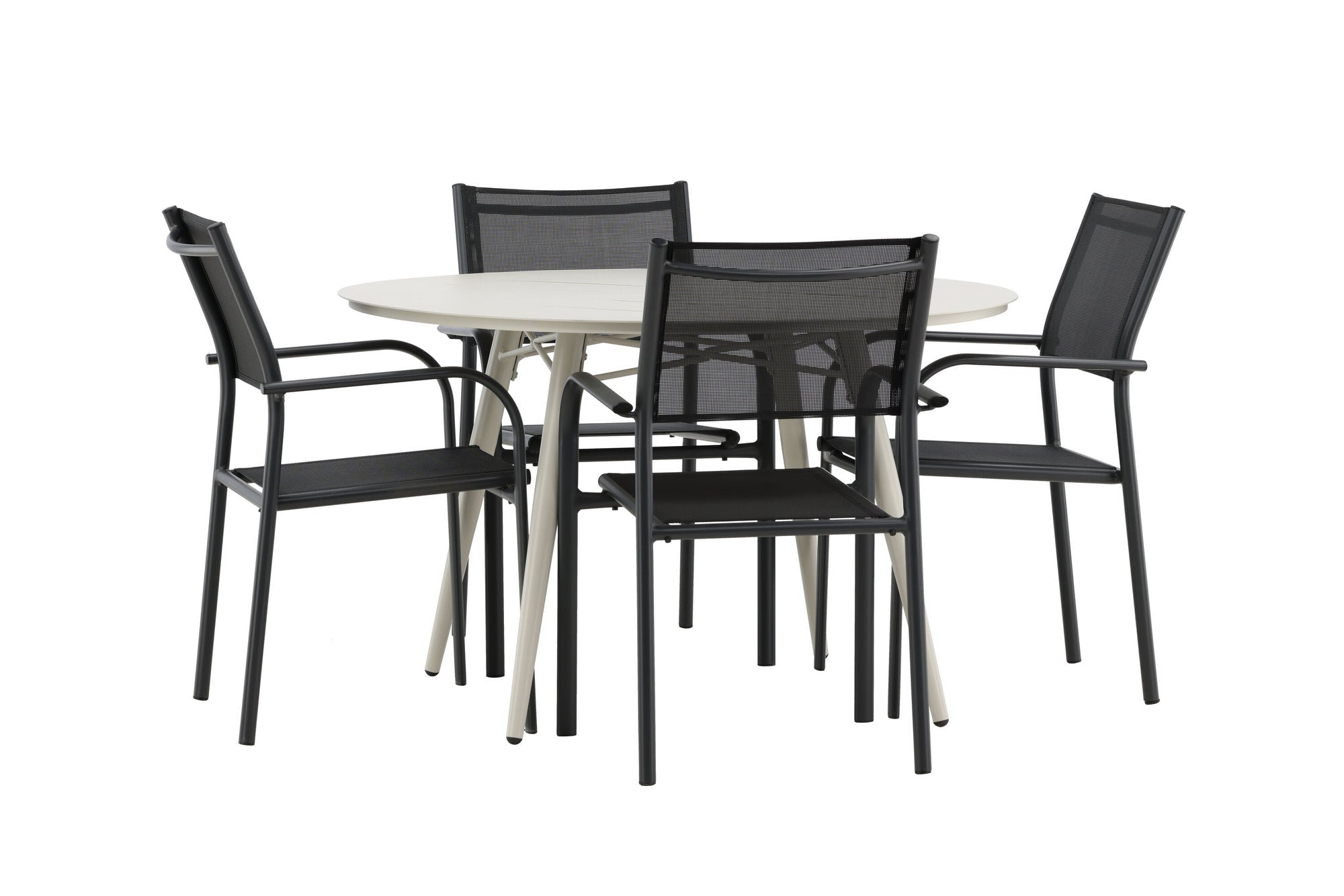 Venture Home Lina spisebord - Beige - rund 120 cm _1+ Santorini Arm stol (Stackable) - Black alu / Black Textilene _4