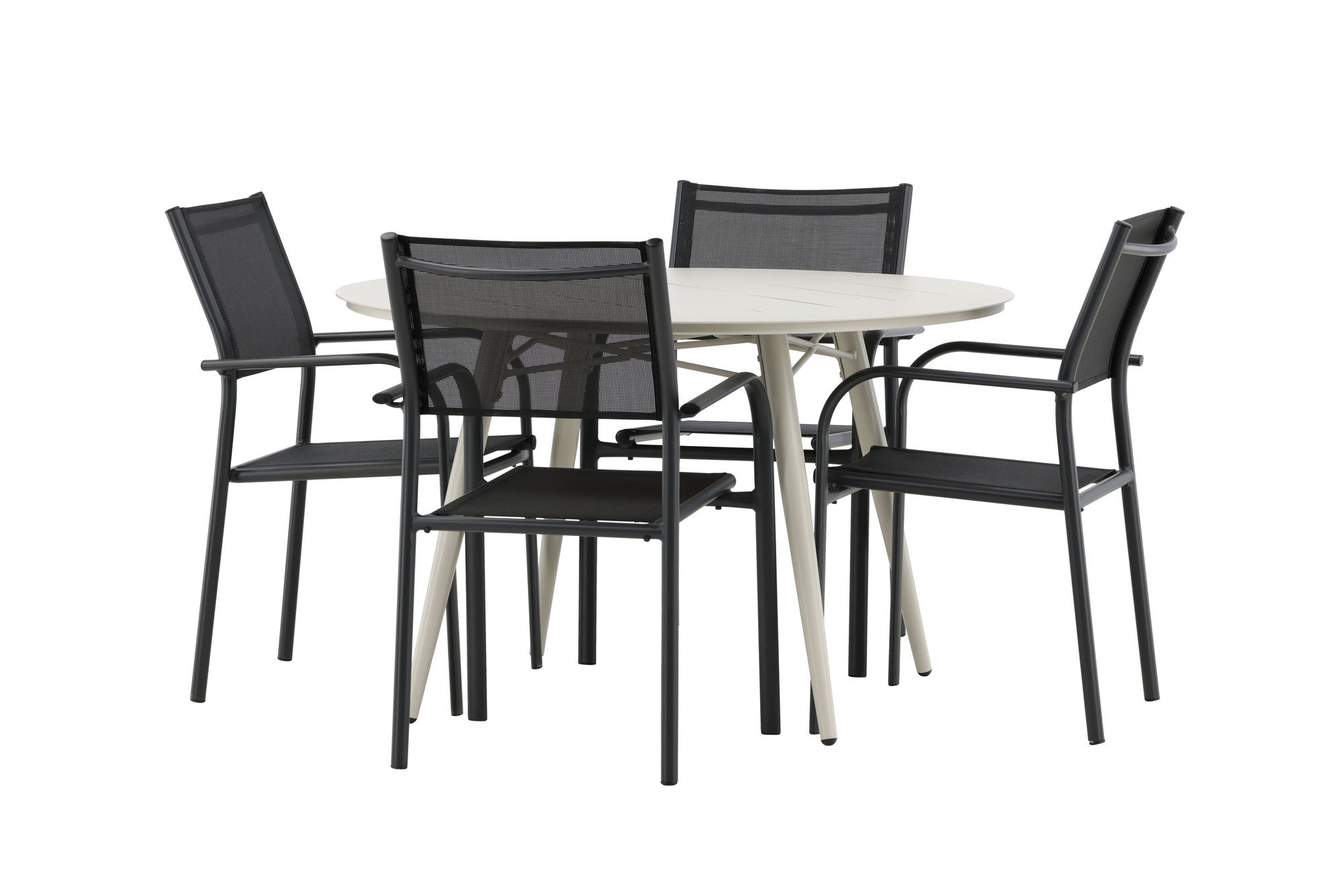 Venture Home Lina spisebord - Beige - rund 120 cm _1+ Santorini Arm stol (Stackable) - Black alu / Black Textilene _4
