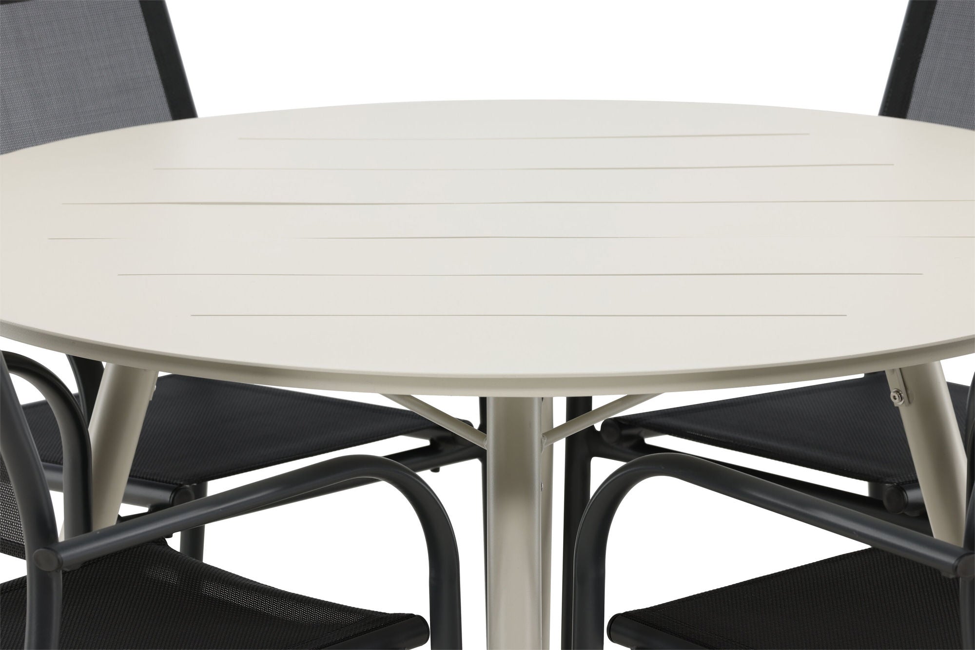 Venture Home Lina spisebord - Beige - rund 120 cm _1+ Santorini Arm stol (Stackable) - Black alu / Black Textilene _4