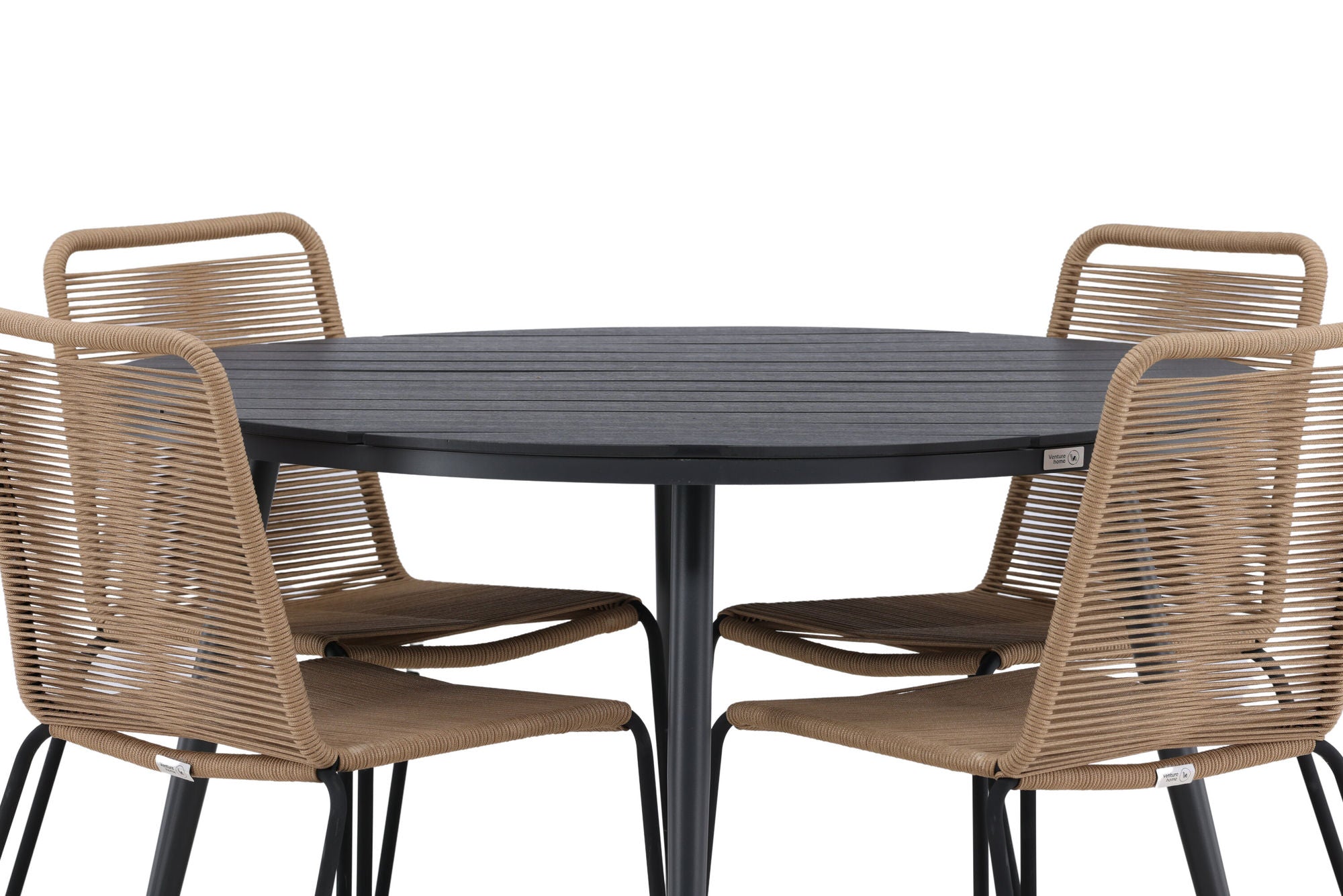Venture Home Break - spisebord rund- Black / Black - Alu / Aintwood - 120ø _1+ Lindos Stacking stol - Black Alu / Latte Rope _4