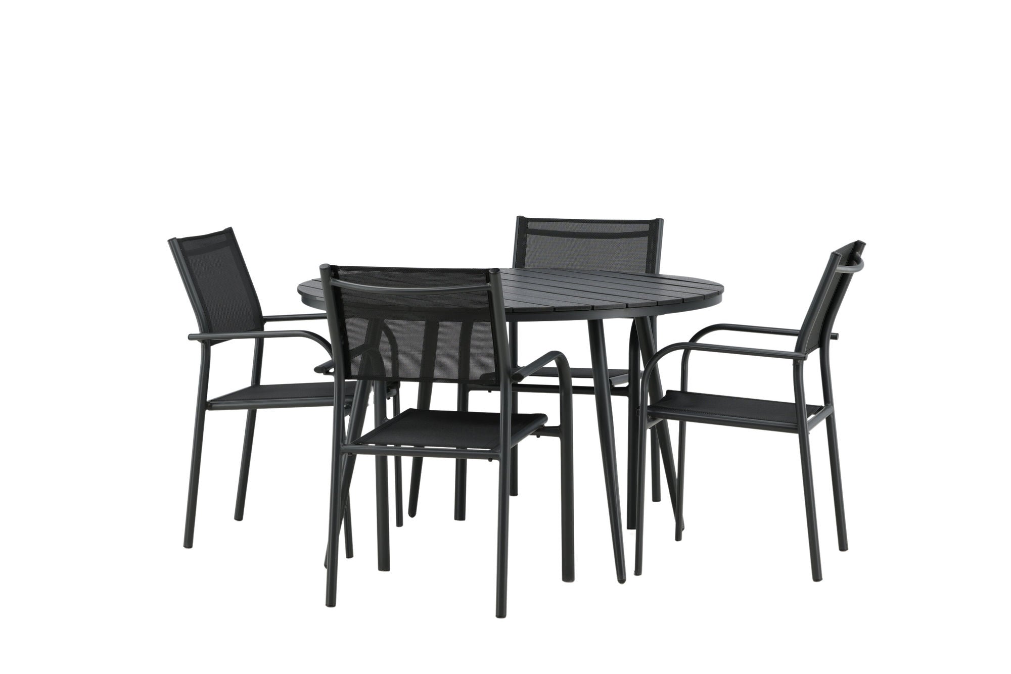 Venture Home Break - spisebord rund- Black / Black - Alu / Aintwood - 120ø _1+ Santorini Arm stol (Stackable) - Black alu / Black Textilene _4