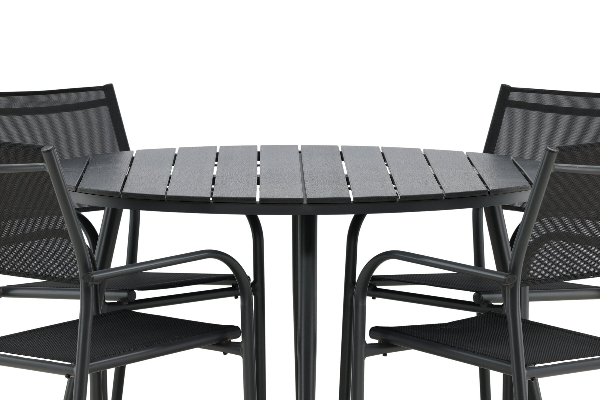 Venture Home Break - spisebord rund- Black / Black - Alu / Aintwood - 120ø _1+ Santorini Arm stol (Stackable) - Black alu / Black Textilene _4