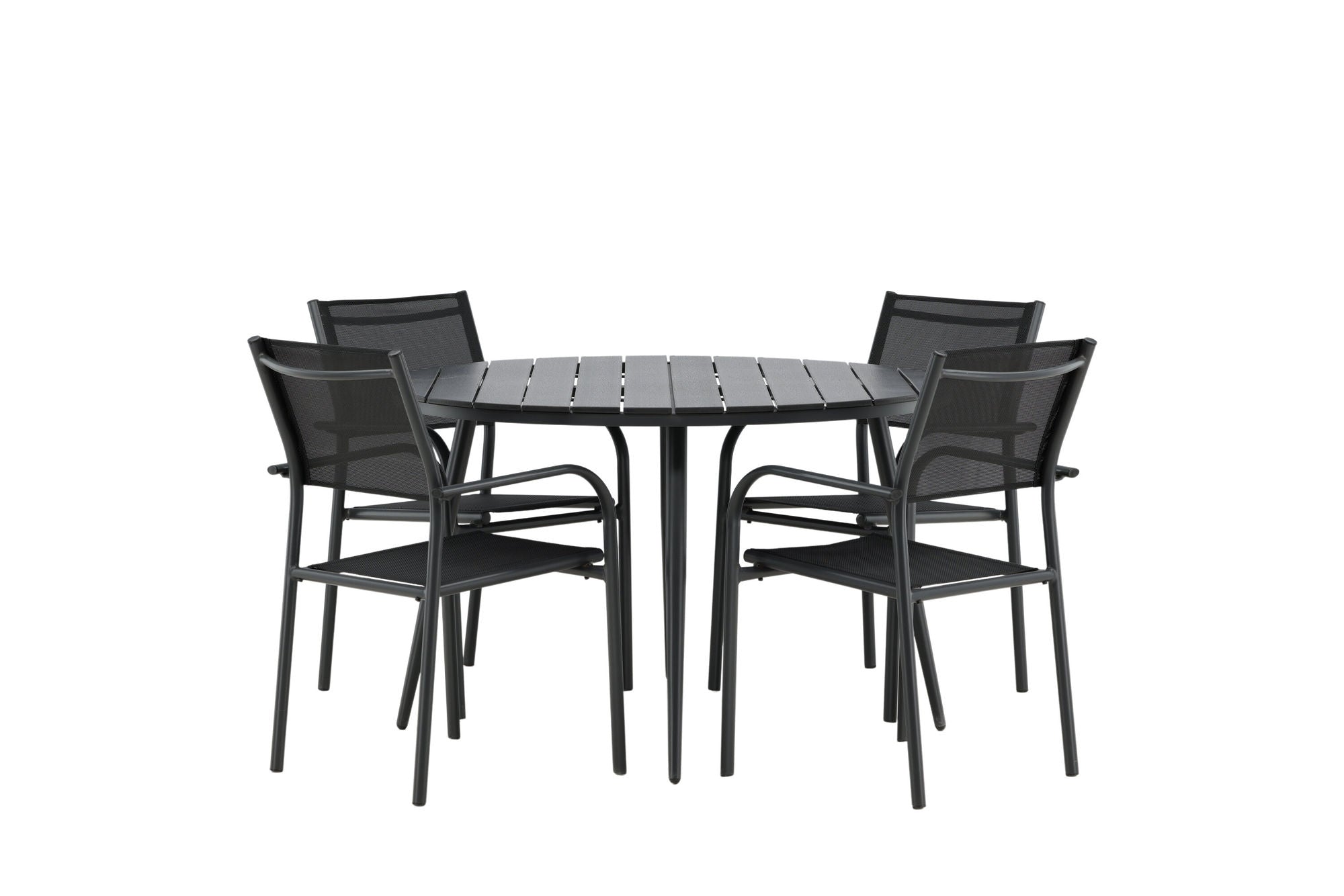 Venture Home Break - spisebord rund- Black / Black - Alu / Aintwood - 120ø _1+ Santorini Arm stol (Stackable) - Black alu / Black Textilene _4