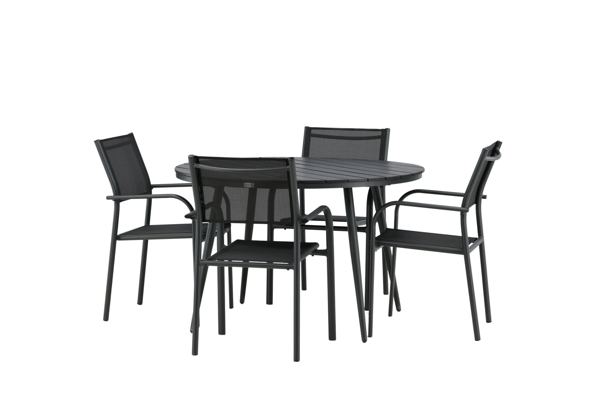 Venture Home Break - spisebord rund- Black / Black - Alu / Aintwood - 120ø _1+ Santorini Arm stol (Stackable) - Black alu / Black Textilene _4