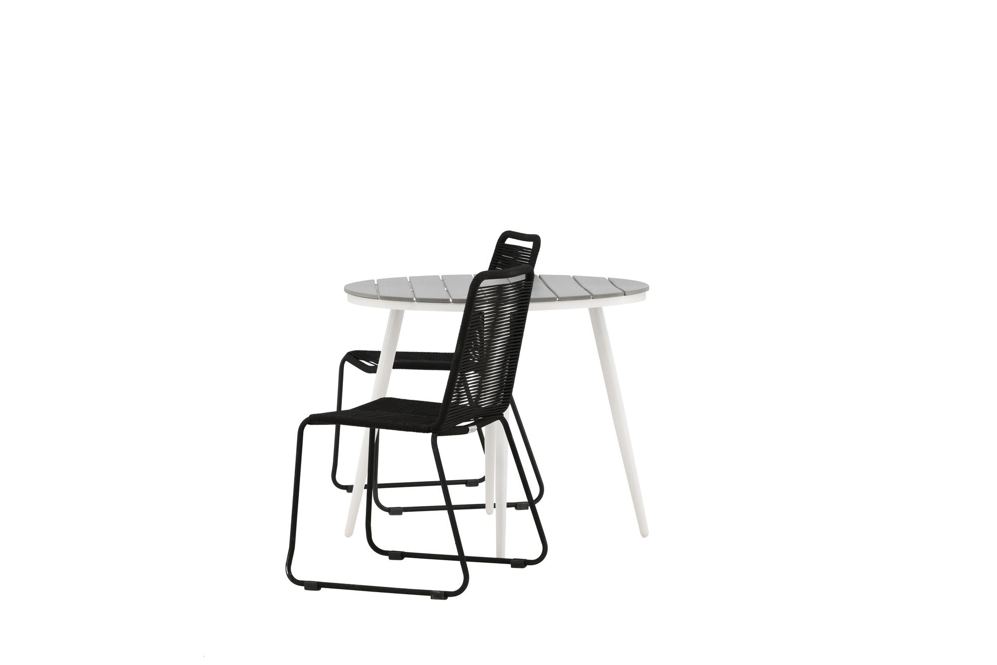 Venture Home Break - spisebord rund- White / Grey - Alu / Aintwood - 90ø _1+ Lindos Stacking stol - Black Alu / Black Rope _2