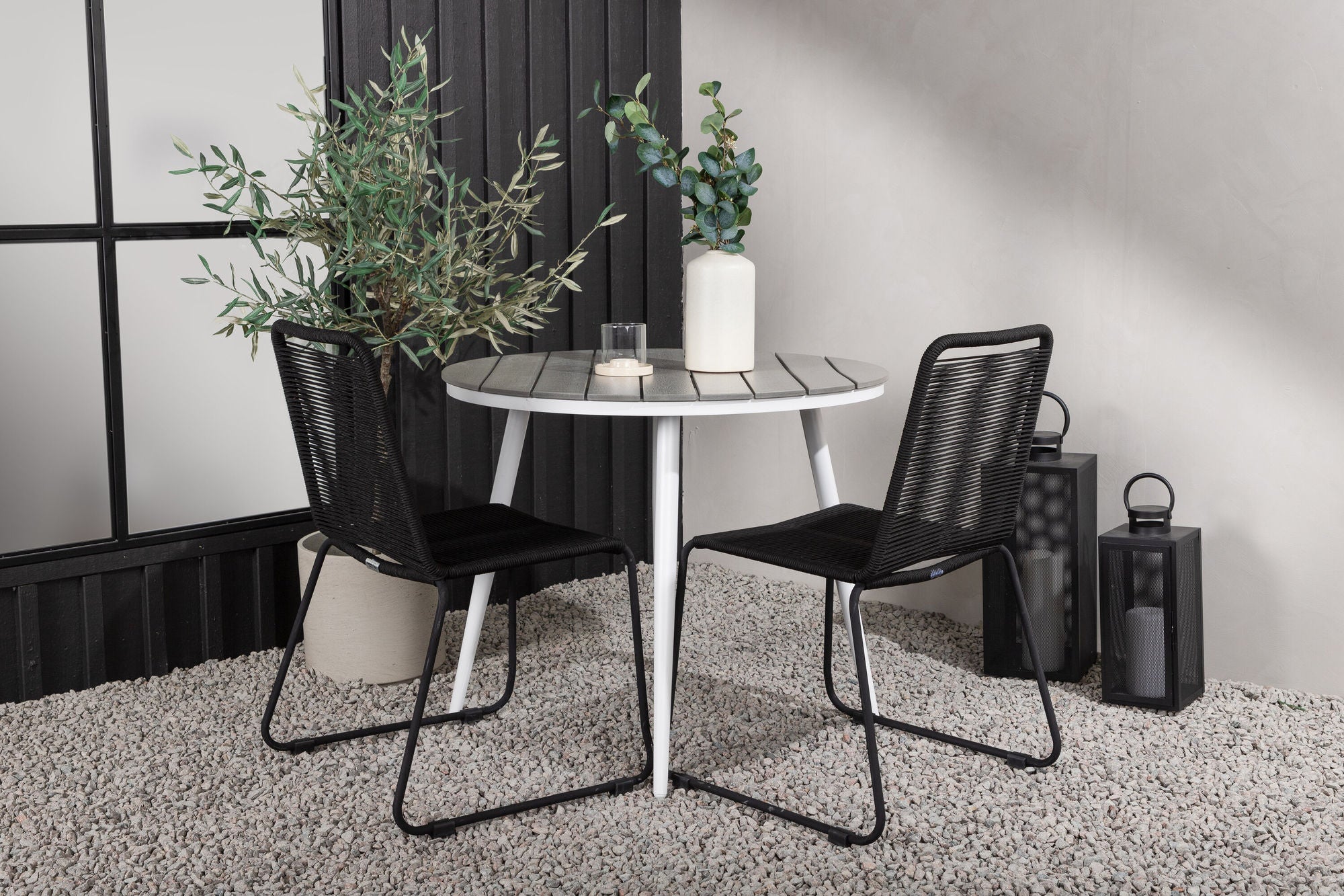 Venture Home Break - spisebord rund- White / Grey - Alu / Aintwood - 90ø _1+ Lindos Stacking stol - Black Alu / Black Rope _2