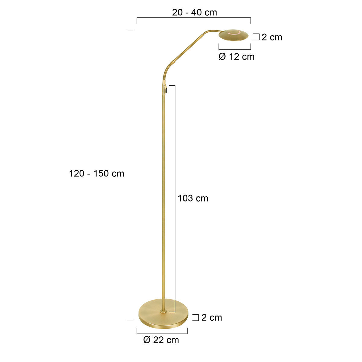 Gulvlampe Zenith 2 med genopladeligt batteri 4398ME børstet messing med fleksibel arm