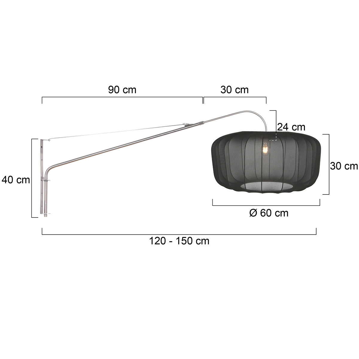 Væglampe Vela Lino 4447ST stål med sort tekstilskærm Ø60 cm