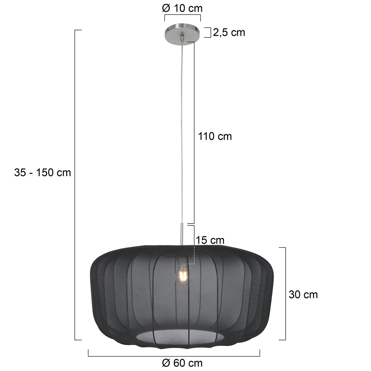 Hængelampe Vela Lino 4473ST i stål med sort tekstilskærm Ø60 cm