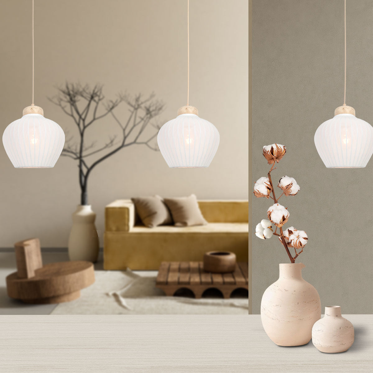 Travino 4598CR pendellampe – lin og travertin i naturlig stil