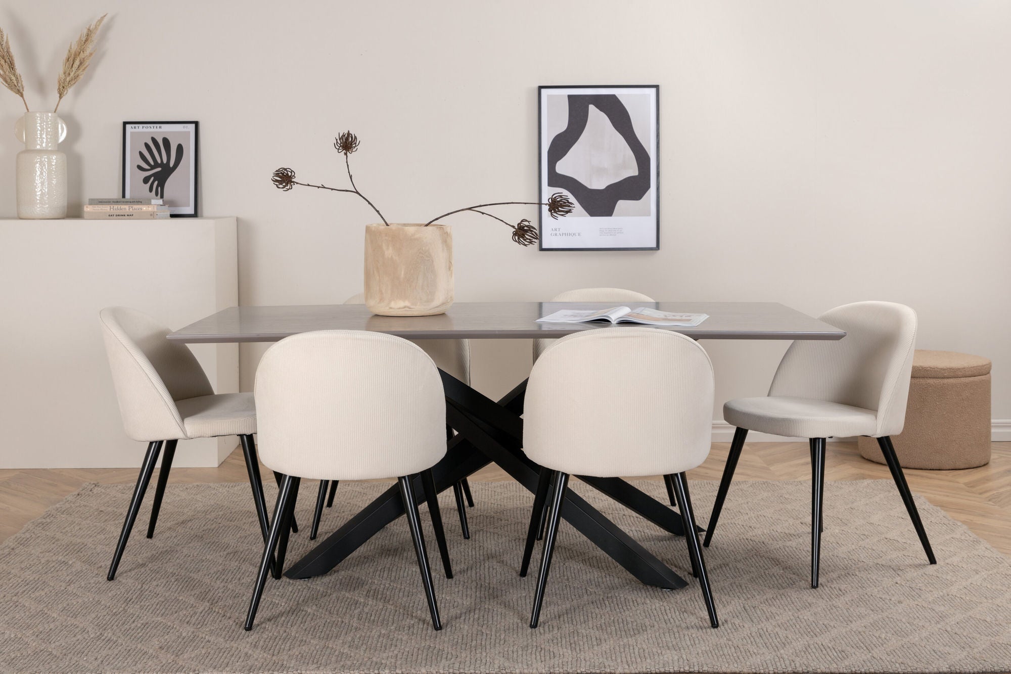 Venture Home Piazza spisebord - Black / Grey Veneer+Velvet Spisebordsstol Corduroy - Beige / Black_6