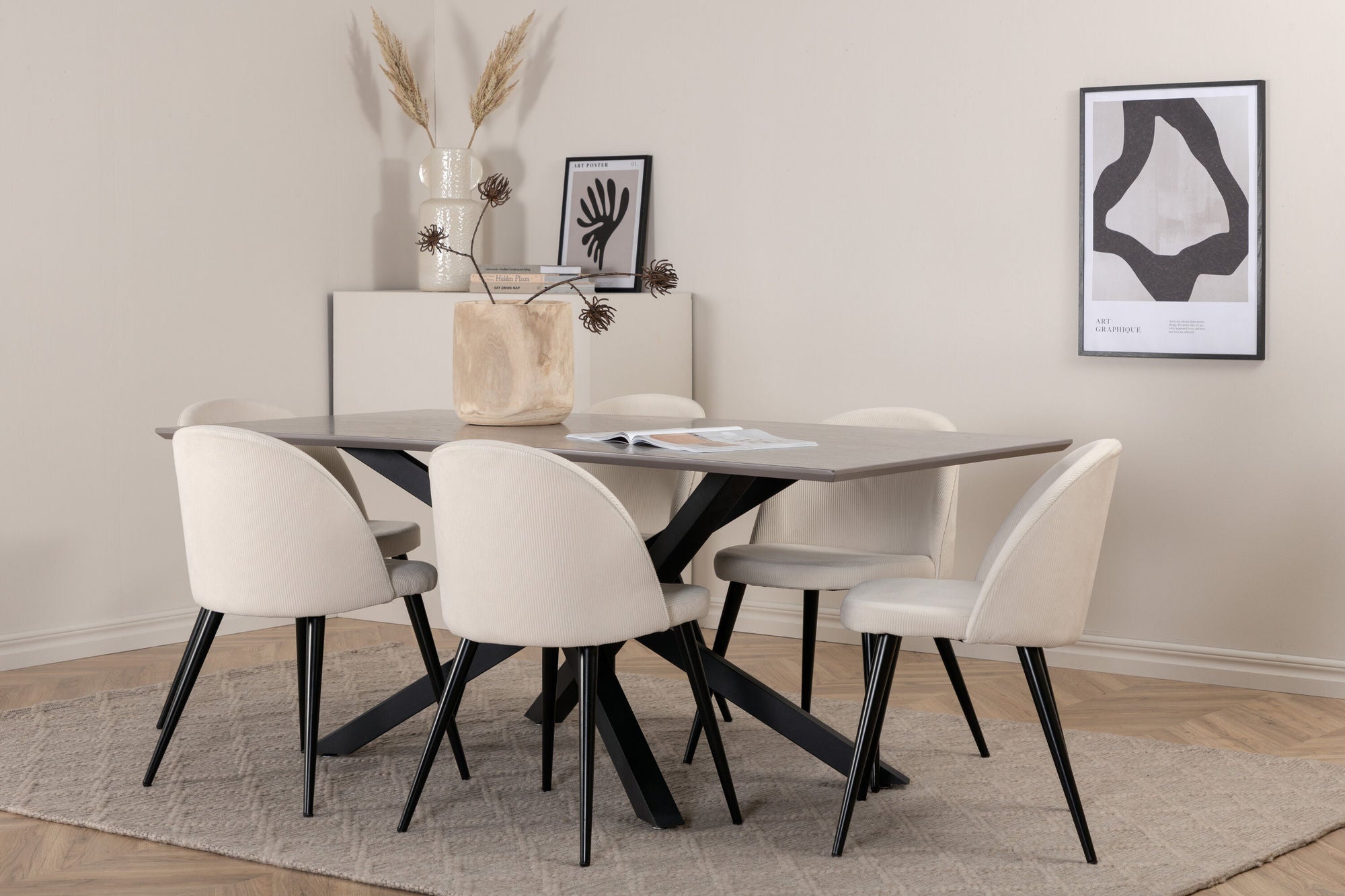 Venture Home Piazza spisebord - Black / Grey Veneer+Velvet Spisebordsstol Corduroy - Beige / Black_6