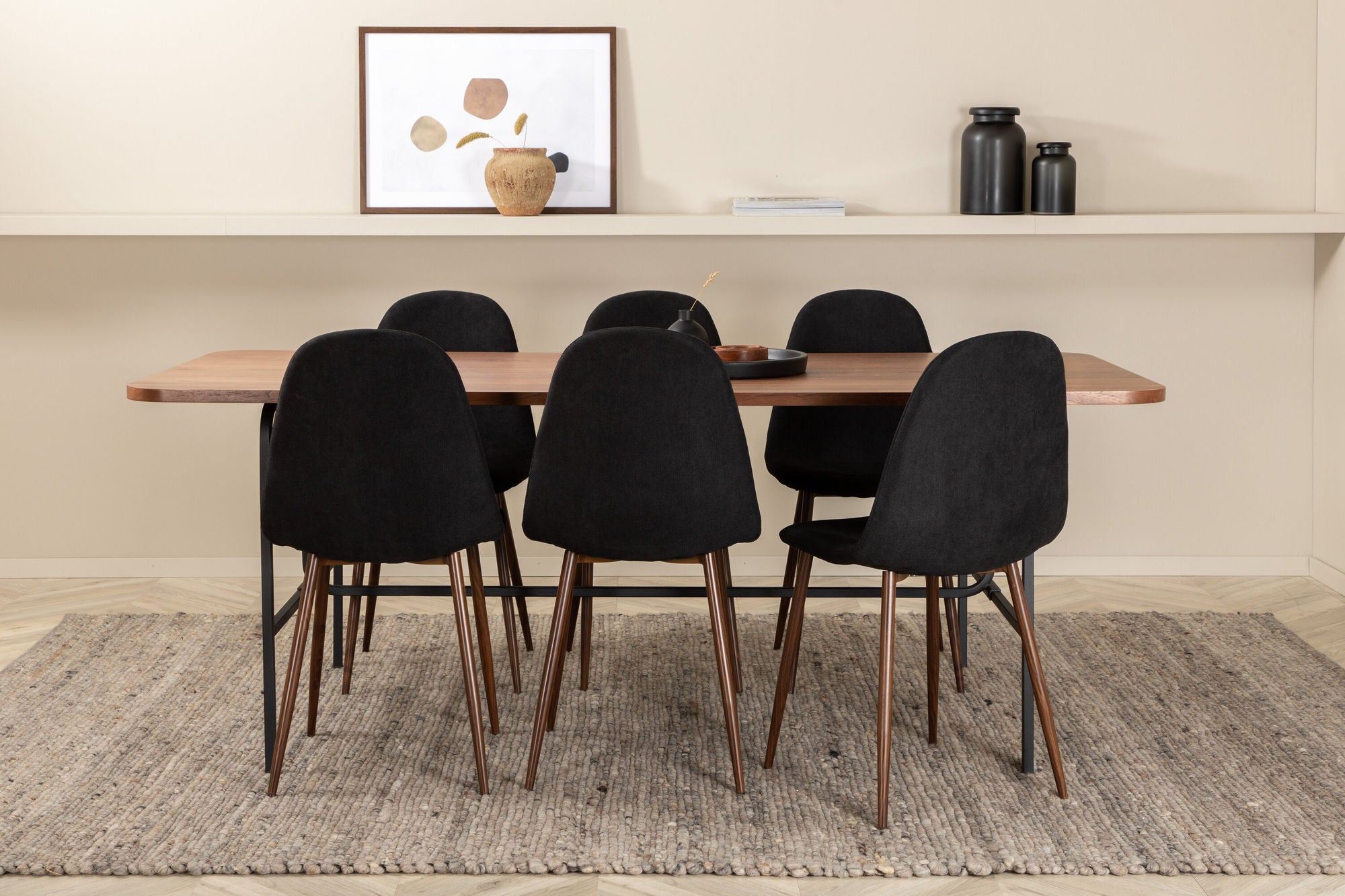 Venture Home Uno spisebord , Black Walnut Veneer+Polar Spisebordsstol , Walnut Legs , Black Fabric_6