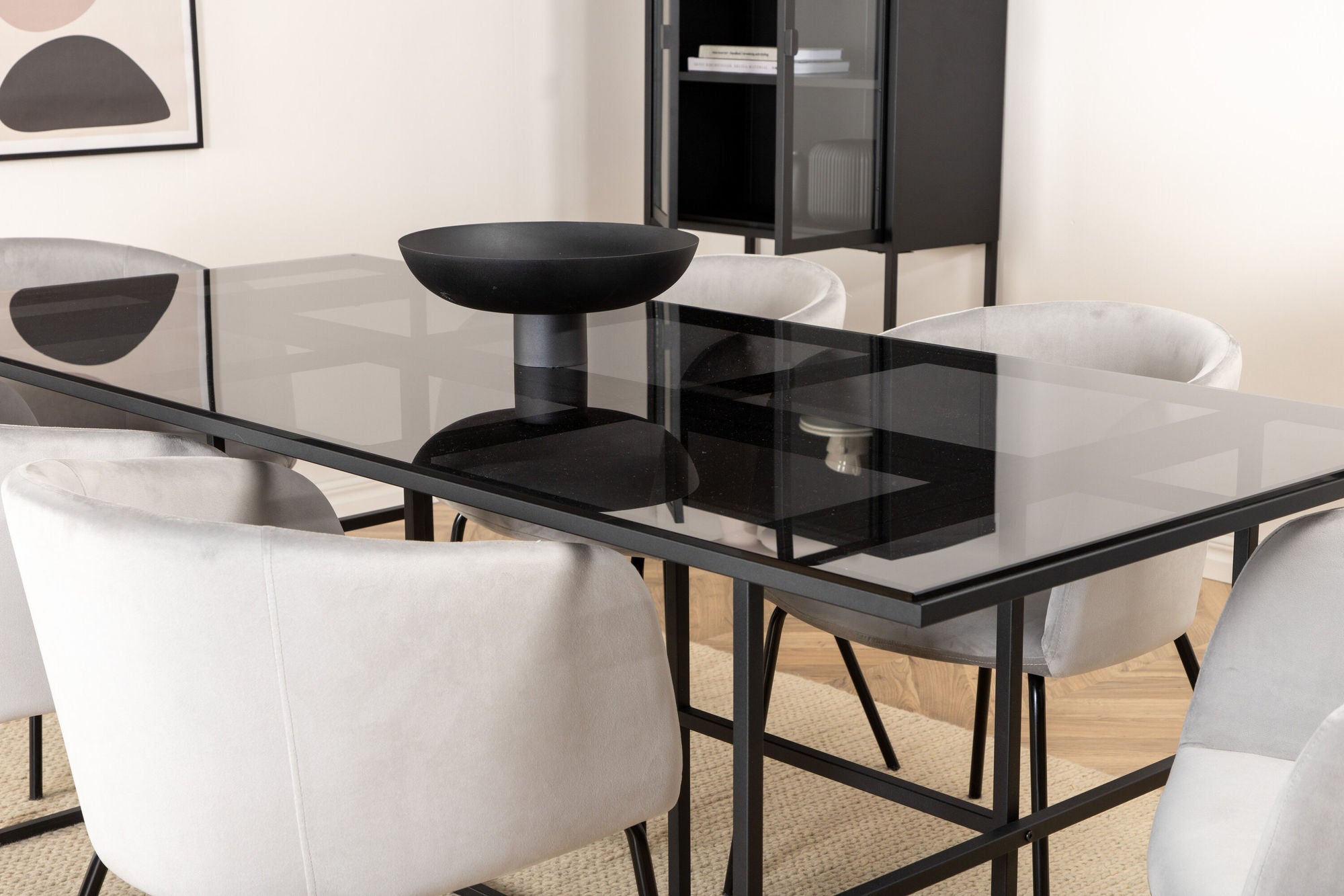 Venture Home Leif spisebord , Black Black smoked smoked Glass+Berit stol , Black Light Grey Velvet_6